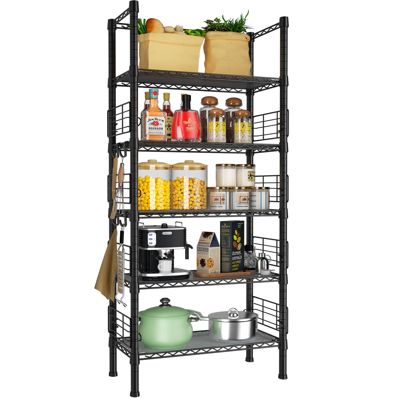 FUTASSI Metal Storage Rack, Storage Organizer Shelves for Kitchen, Bathroom, Living Room, Balcony and Garage, 5 Tiers Narrow Boo