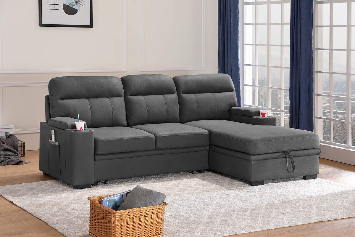 Lilola Home Kinsley Gray Woven Fabric Sleeper Sectional Sofa Chaise - Thumbnail 3
