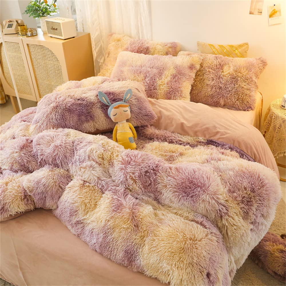 Chovy Faux Fur Plush Tie-Dyed Purple White Orange Comforter Sets Twin/Full Size - Ultra Soft Shaggy Flannel Velvet Fluffy Fuzzy