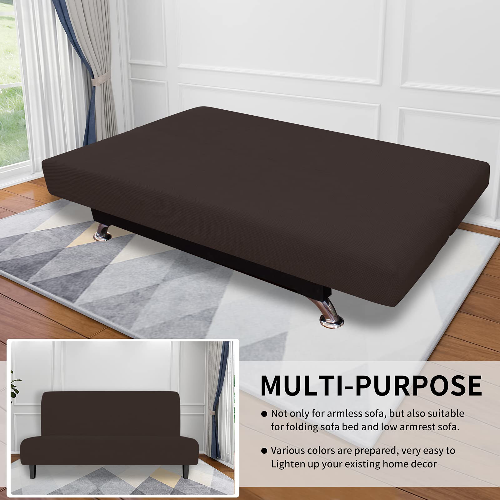 Easy-Going Stretch Futon Slipcover Armless Futon Bed Cover Furniture Protector Without Armrests With Elastic Bottom For Kids, Soft Jacquard Fabric Small Checks (Medium, Chocolate)