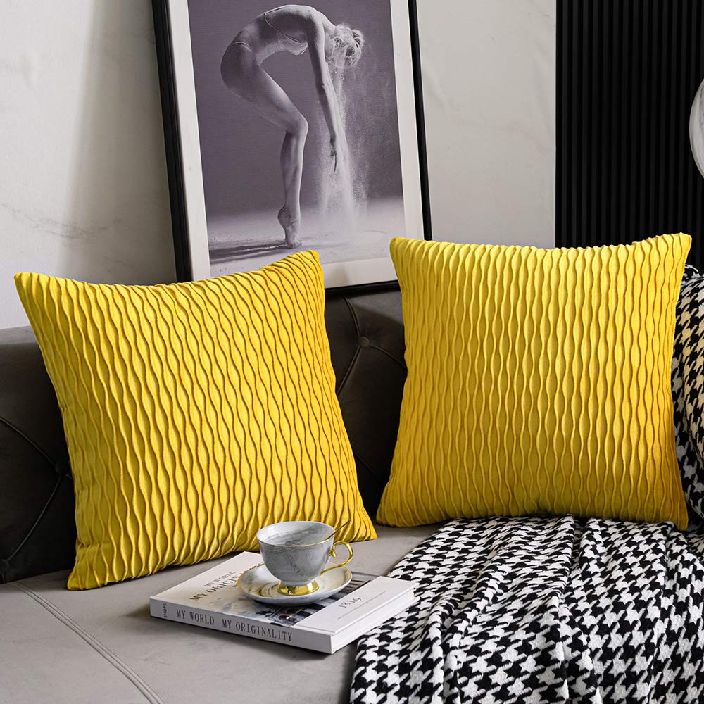Dezene Mustard Yellow Couch Pillow Covers: 2 Pack 24X24 Inch Original Striped Velvet Square Throw Pillow Cases For Farmhouse Hom