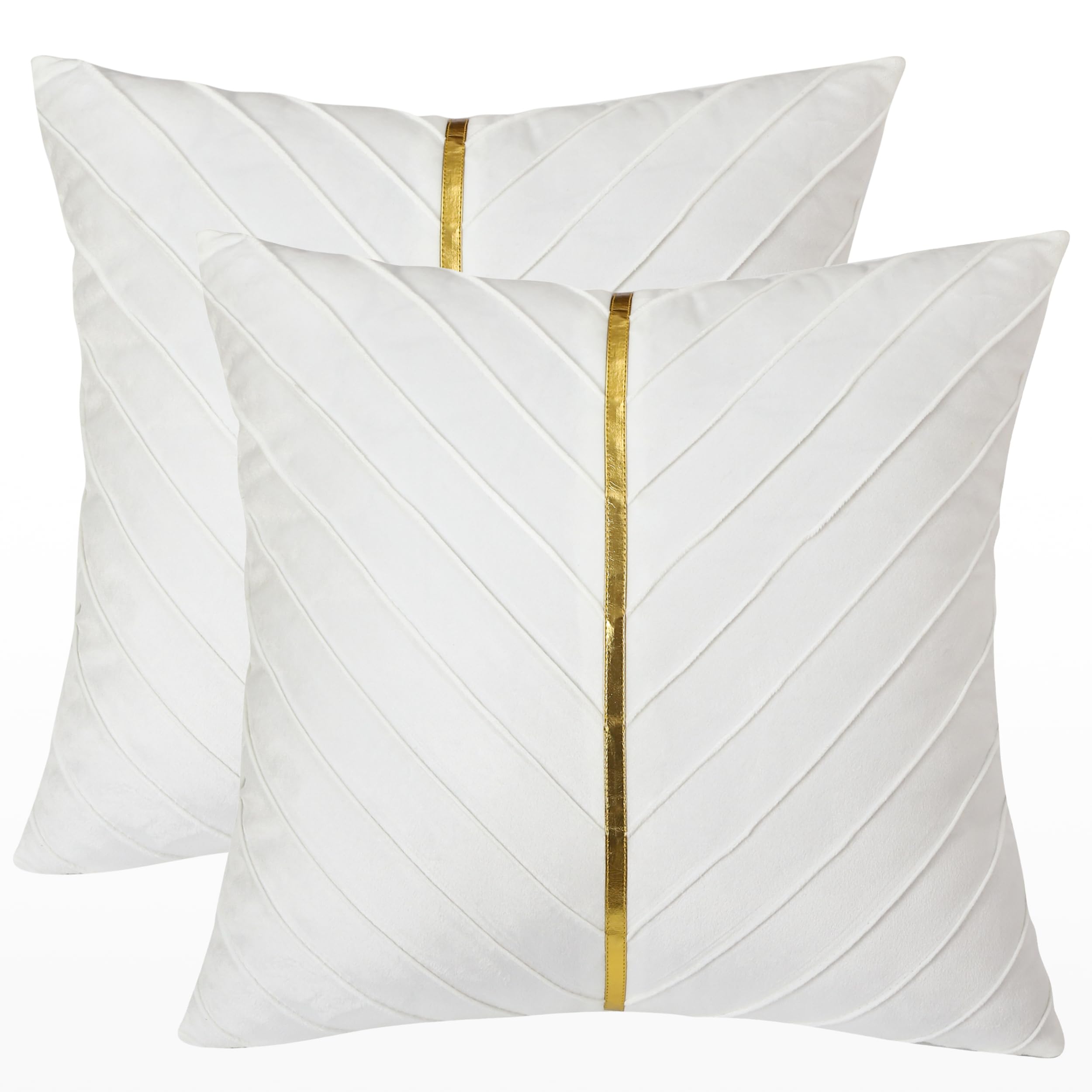 Tosleo White Velvet Throw Pillow Covers 24X24 Inch Pack Of 2 With Gold Leather Decorative Couch Pillow Cover Luxury Modern Pillo