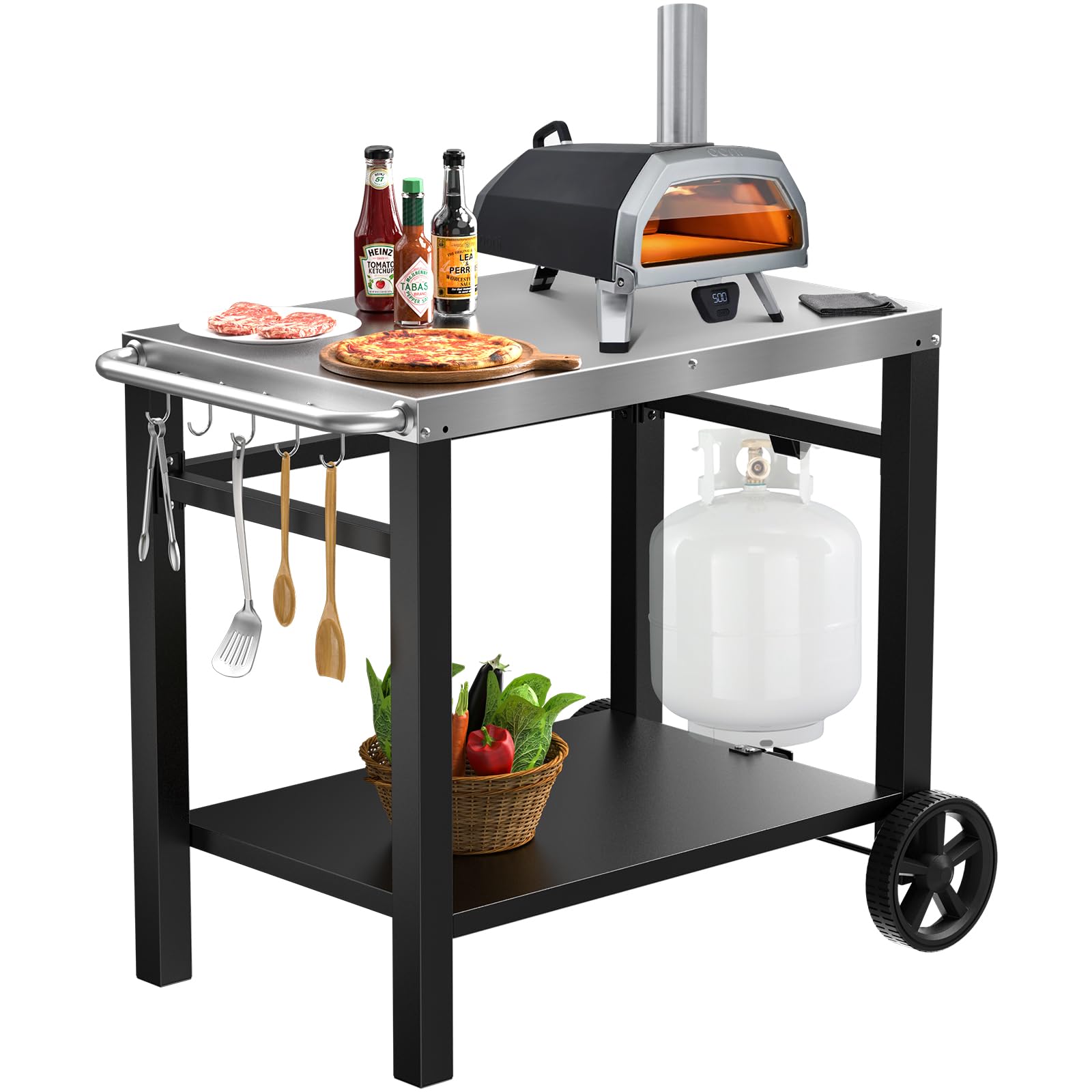 Outdoor Grill Table Cart, Movable Dining Cart, Pizza Oven Table Stand With Wheels Double-Shelf Movable Food Prep And Work Table,