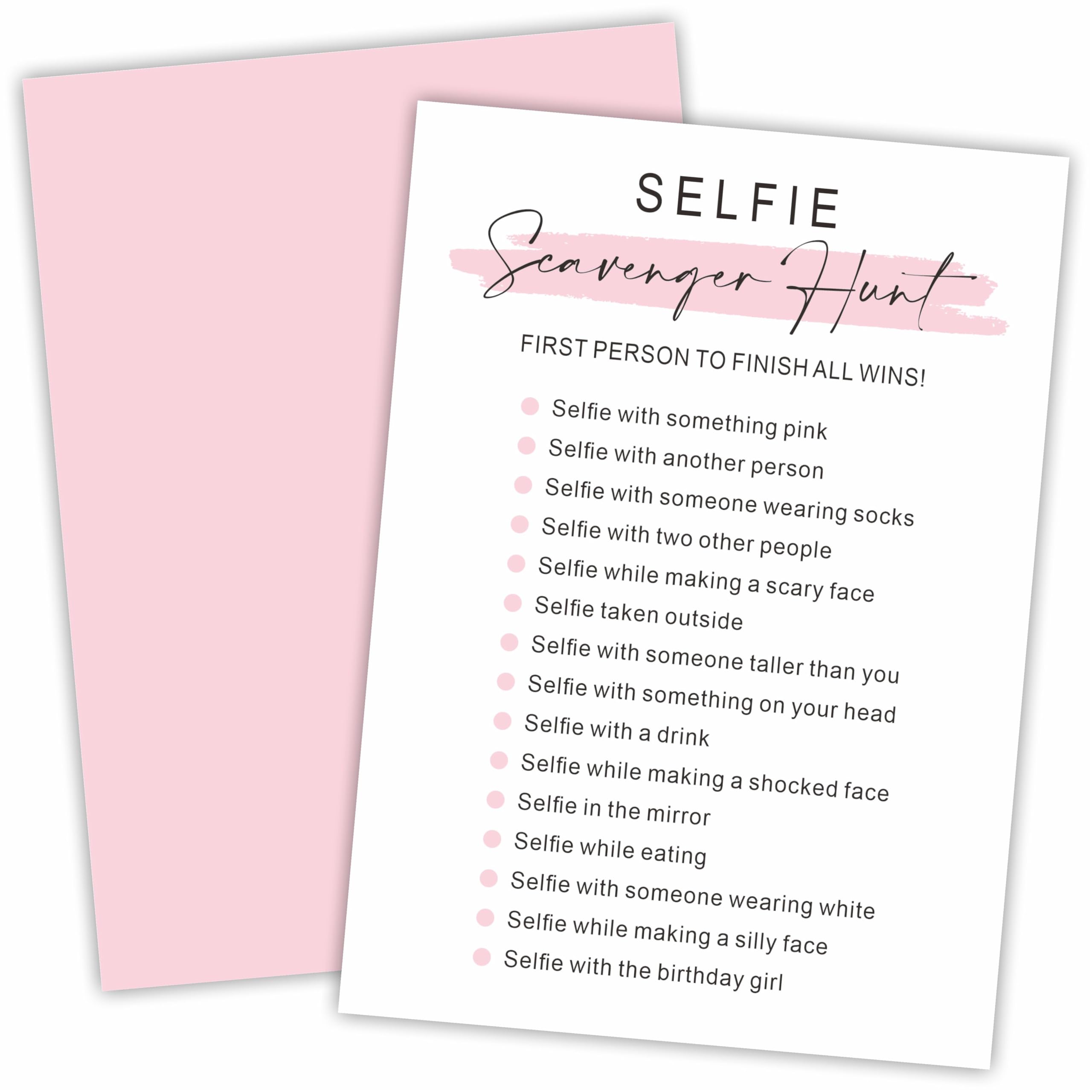 DYIRBIIY Minimalism Birthday Party Game Cards - Selfie Scavenger Hunt - 20 Blush Double-Sided Fill in Style Funny Birthday Party