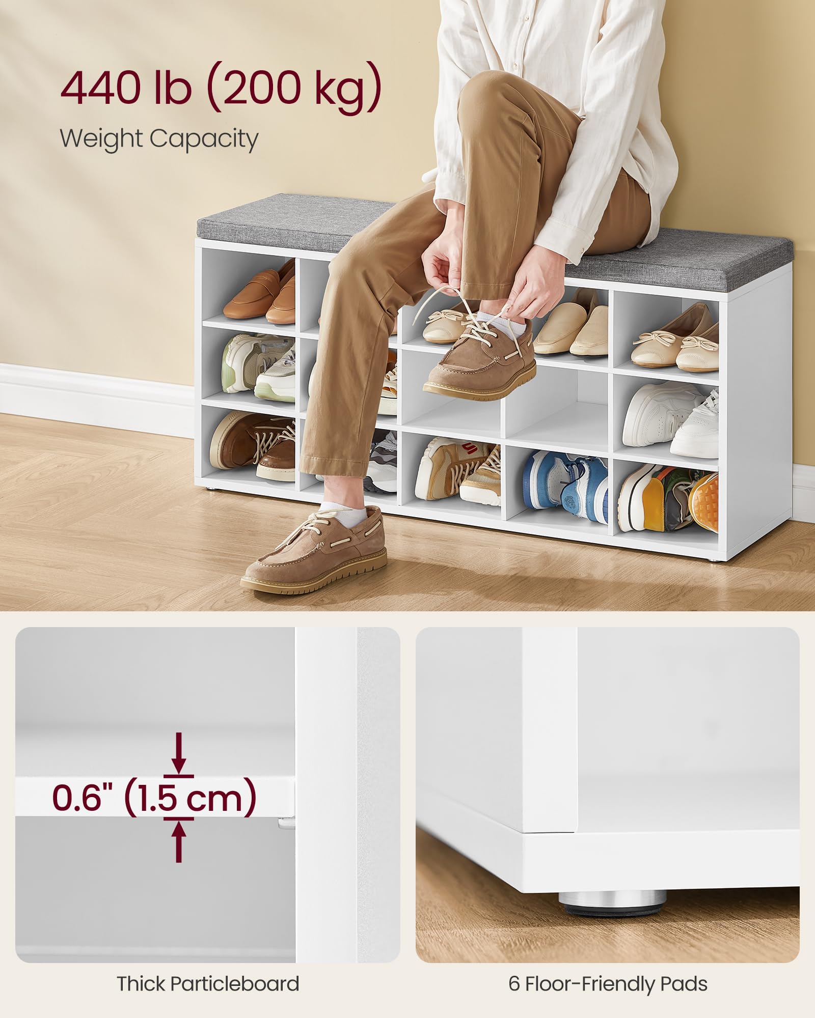 Vasagle Shoe Bench With Cushion, Storage Bench With Padded Seat, Entryway Bench With 15 Compartments, For Bedroom, 11.8 X 41.3 X 18.9 Inches, Cloud White And Dove Gray Ulhs15Wt