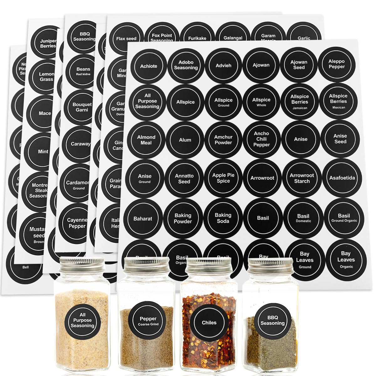 Spice Labels, 432Pcs Spice Labels Stickers 1.4In Waterproof Adhesive Round Preprinted Spice With Blank Labels Black Tear Resista