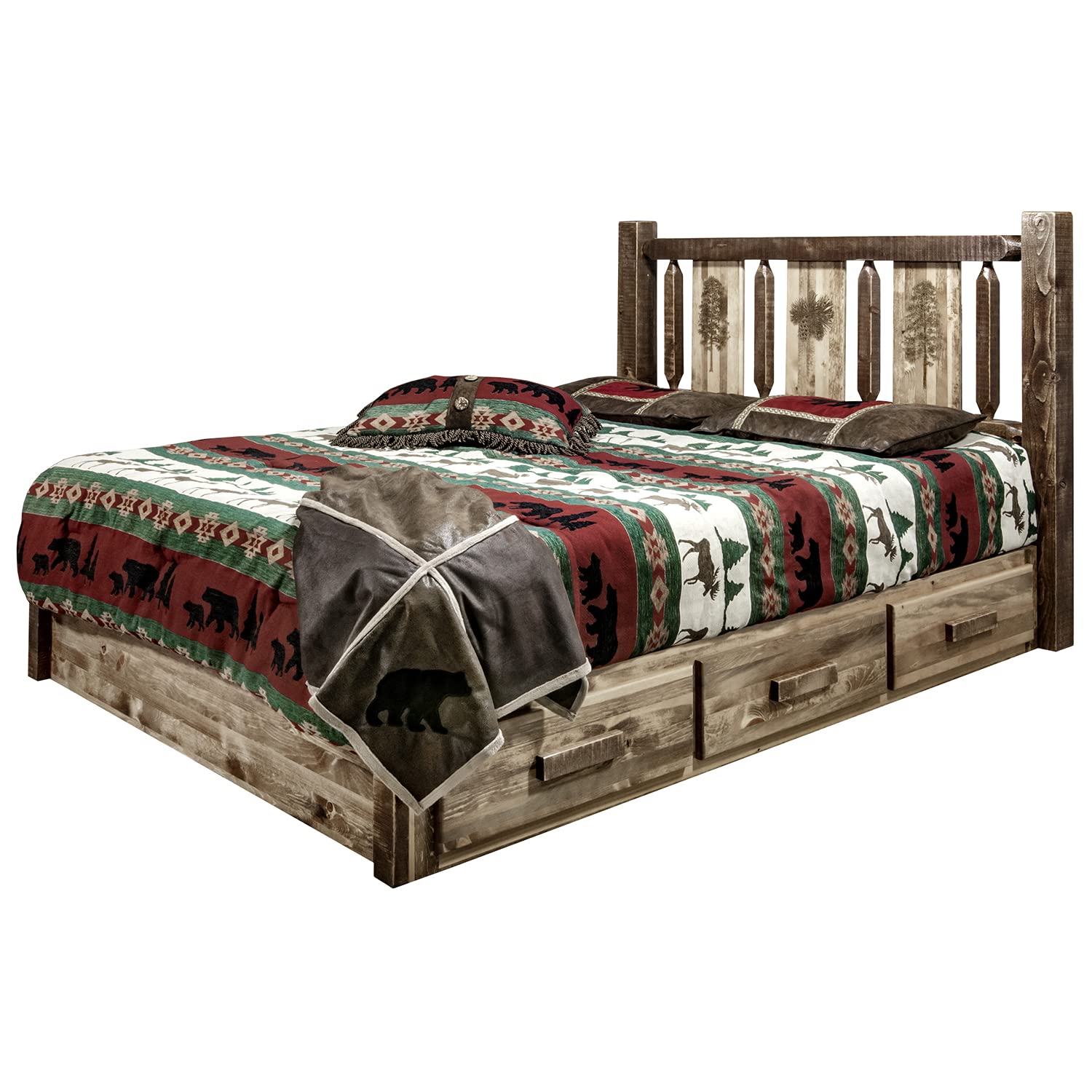 Montana Woodworks Homestead Collection Platform Bed w/Storage, California King w/Laser Engraved Pine Design, Stain & Clear Lacquer Finish