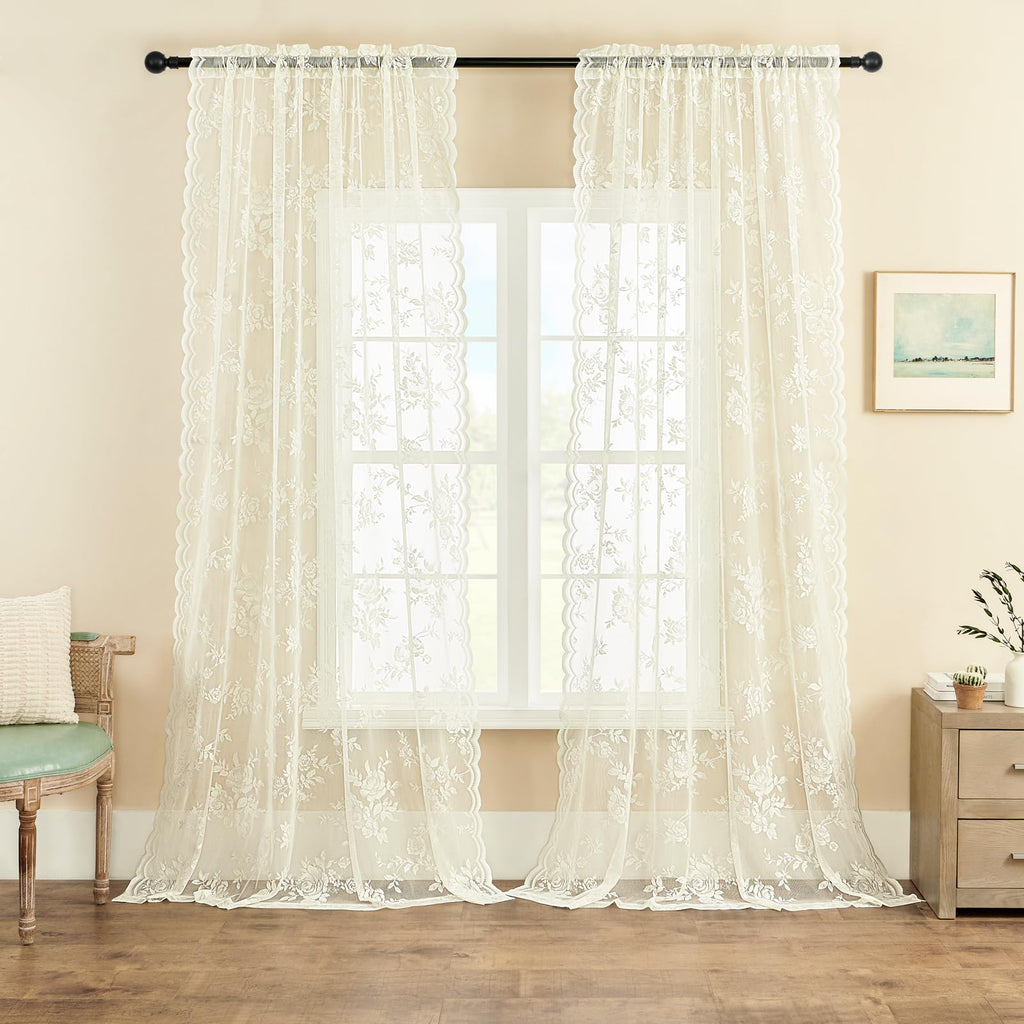 SEEKRIGHT Ivory Lace Curtains 52x45 Inch, Victorian Floral Sheer Rod Pocket Panels for Nursery, Cafe, Kitchen - 2 Pack
