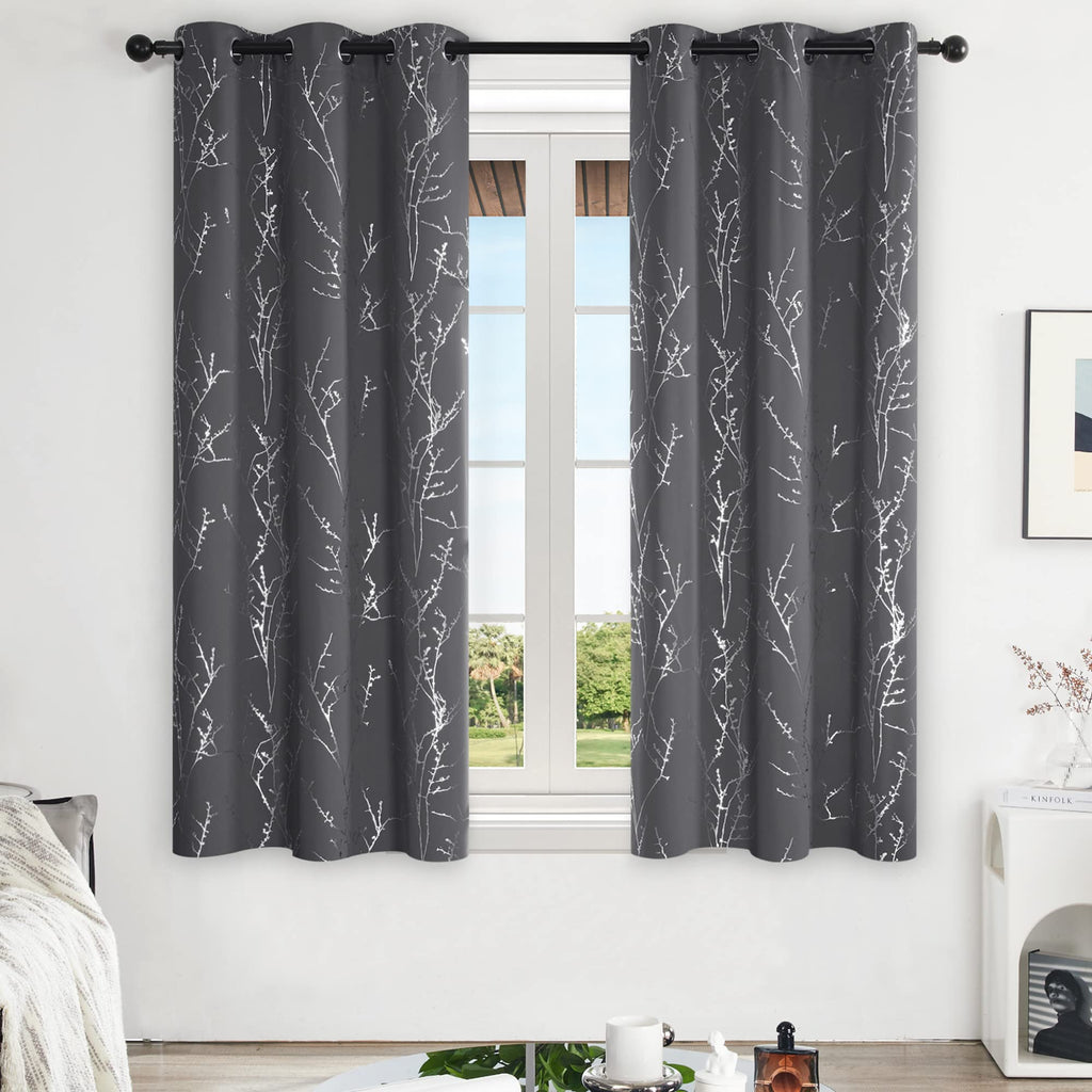 Deconovo Blackout Curtains - Silver Blossoming Branch Print, Thermal Insulated, Noise Reducing, Privacy Drapes For Bedroom & Living Room (42W X 63L Inch, Dark Grey/Silver Tree Branch, 2 Panels)