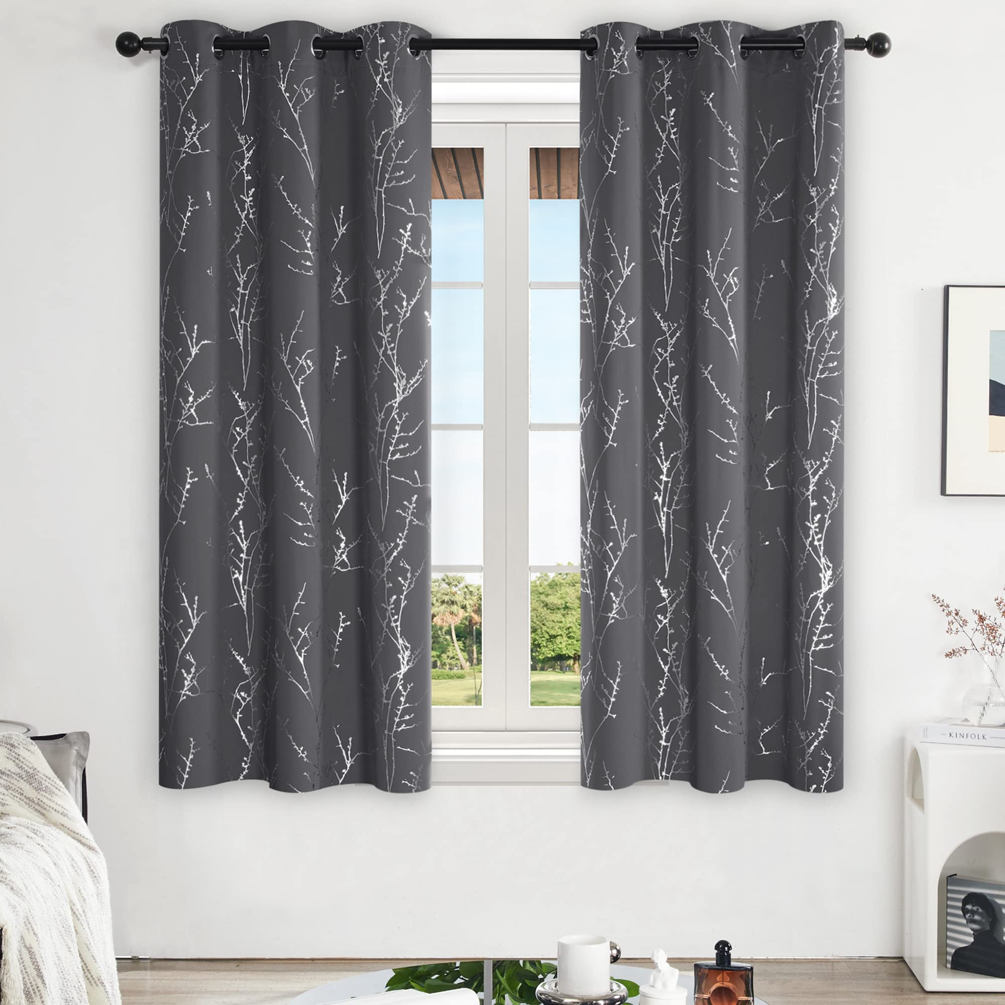 Deconovo Blackout Curtains - Silver Blossoming Branch Print, Thermal Insulated, Noise Reducing, Privacy Drapes For Bedroom & Living Room (42W X 63L Inch, Dark Grey/Silver Tree Branch, 2 Panels)