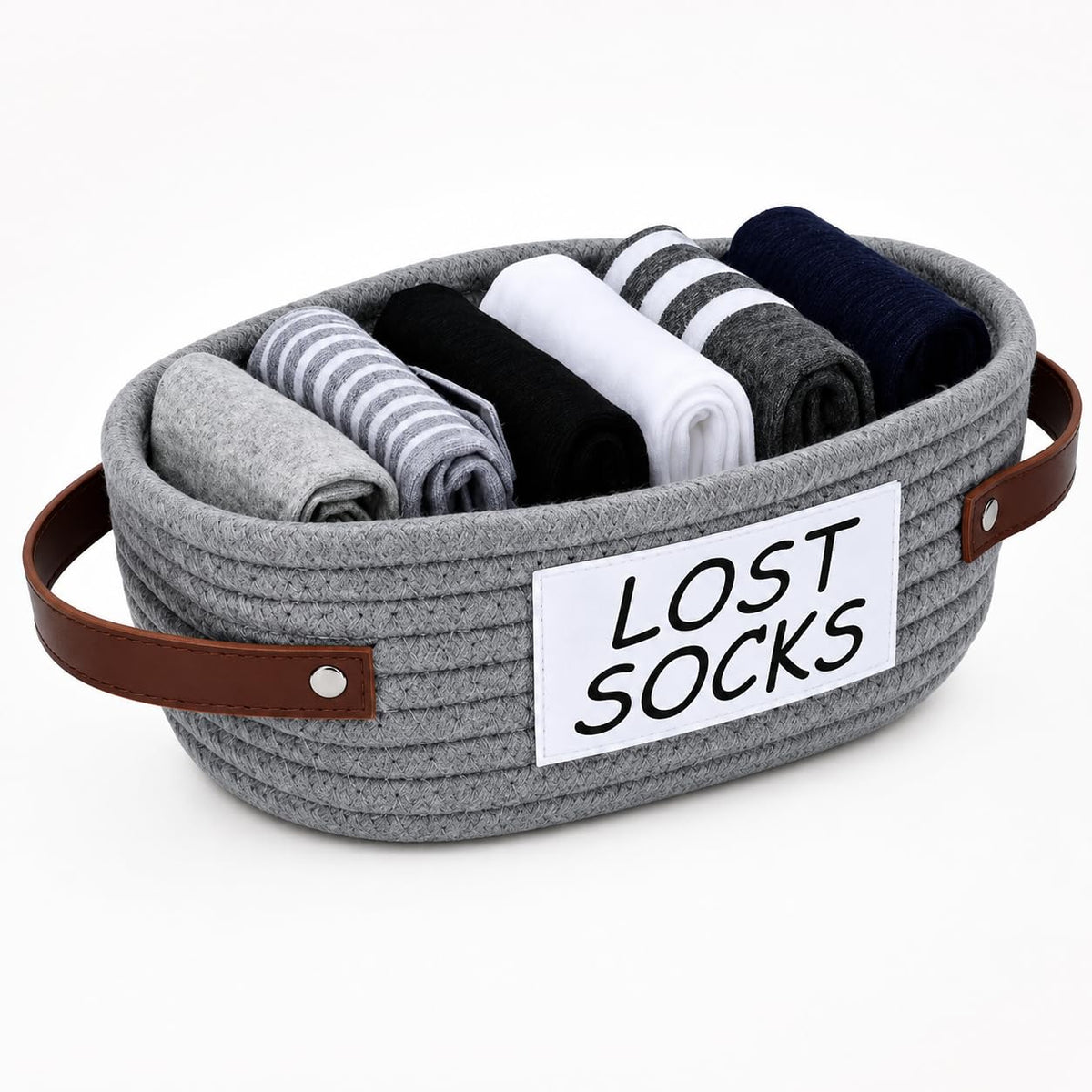 Lost Socks Basket for Laundry Room, Small Cotton Rope Basket with Handles, Compact Woven Storage Bin for Unmatched Socks, Laundr