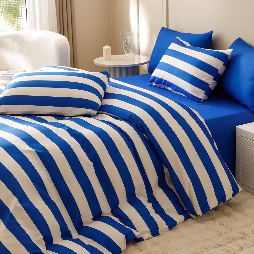 Clothknow Blue White Striped Queen Comforter Set 3Pcs Blue White Bedding Comforter Sets Stripes Comforter Queen Blue Comforter Lightweight Comforter Sets Queen All Season
