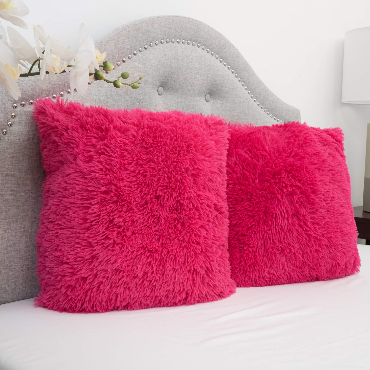 Sweet Home Collection Throw Pillows 2 Pack Plush Faux Fur Soft Fuzzy Pillows 18' X 18' - Set Includes 2 Full Pillows, Hot Pink