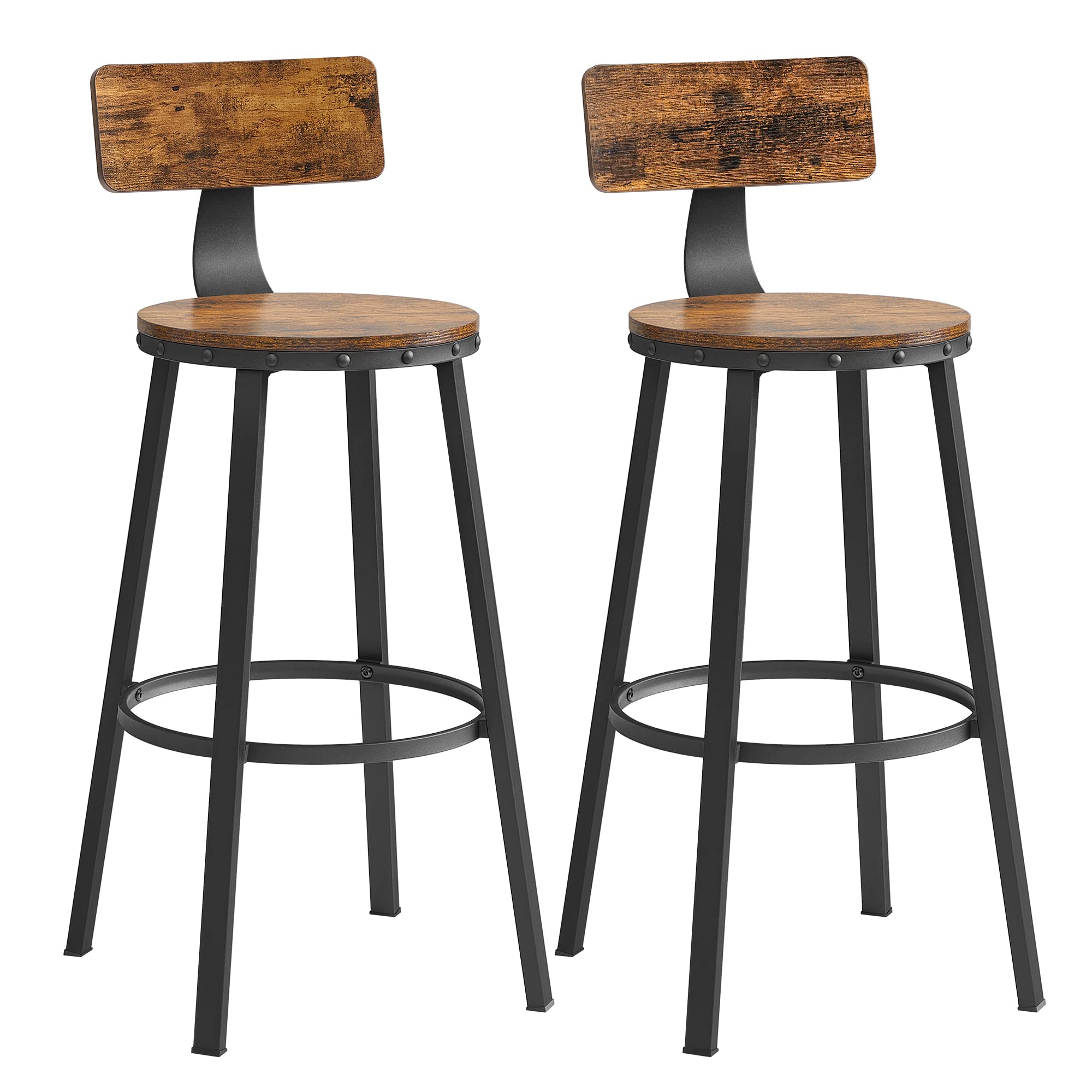 VASAGLE Bar Stools Set of 2, Bar Height Barstools with Back, Counter Stools Bar Chairs with Backrest, Steel Frame, Easy Assembly