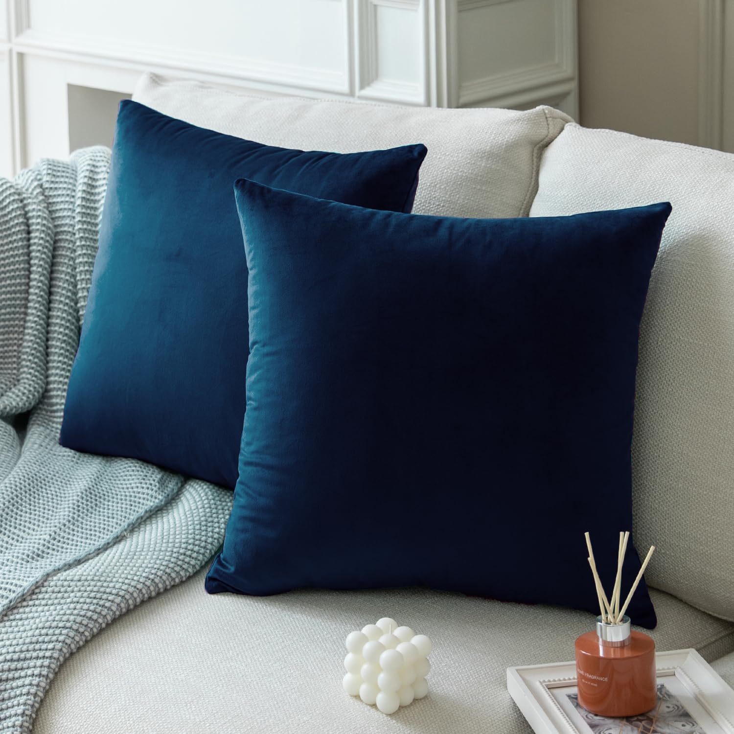 Colormz Set Of 2 Dark Blue Colored Cozy Velvet Throw Pillow Covers For Bed And Couch - 18'X18'