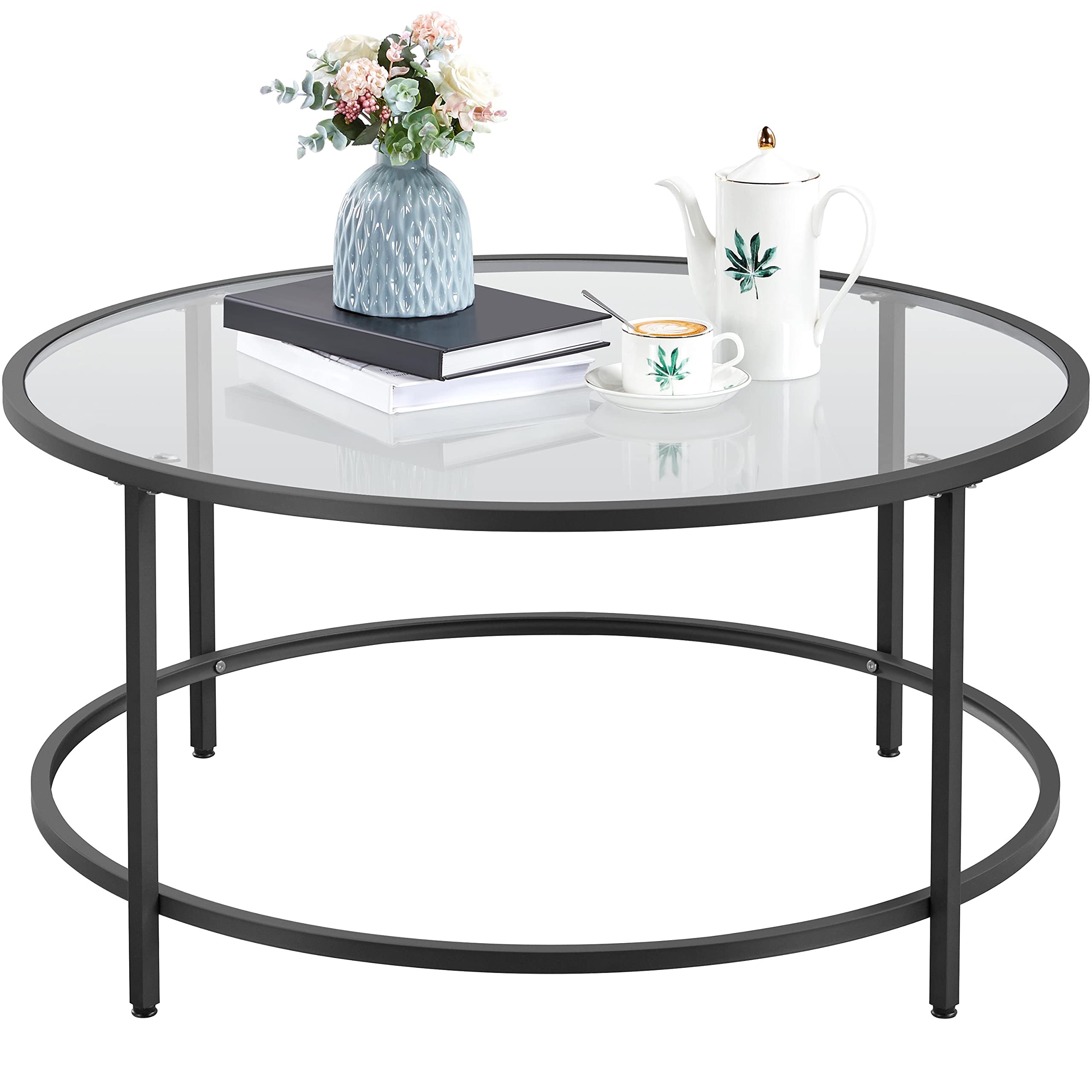 Topeakmart Modern Glass-Top Coffee Table Sofa Table, 36in Round Accent End Table for Living Room,Office, Apartment, Small Space,