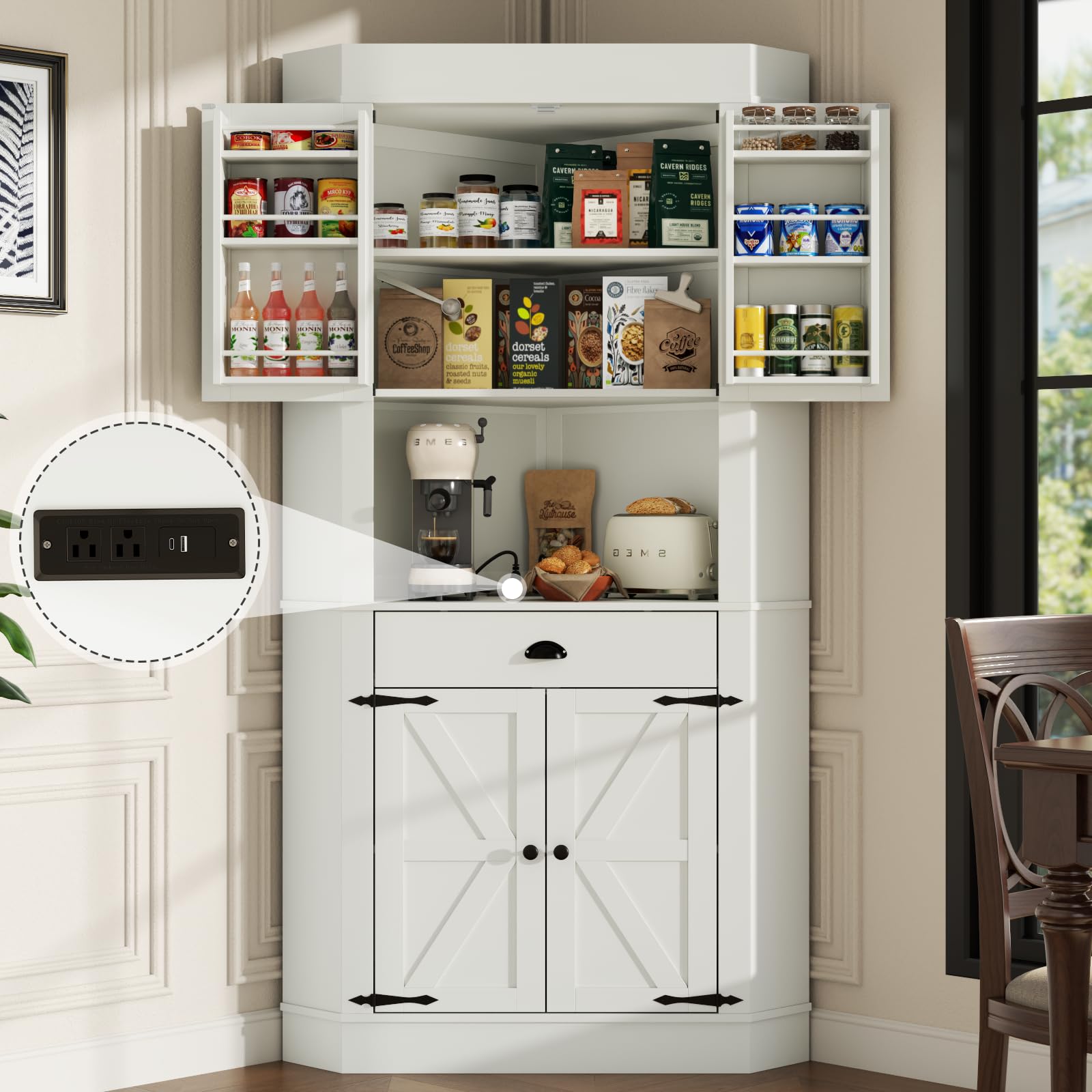 Corner Cabinet with Charging Station,73 Tall Kitchen Pantry Storage Cabinet with Drawer,Freestanding Kitchen Pantry Cabinets wit
