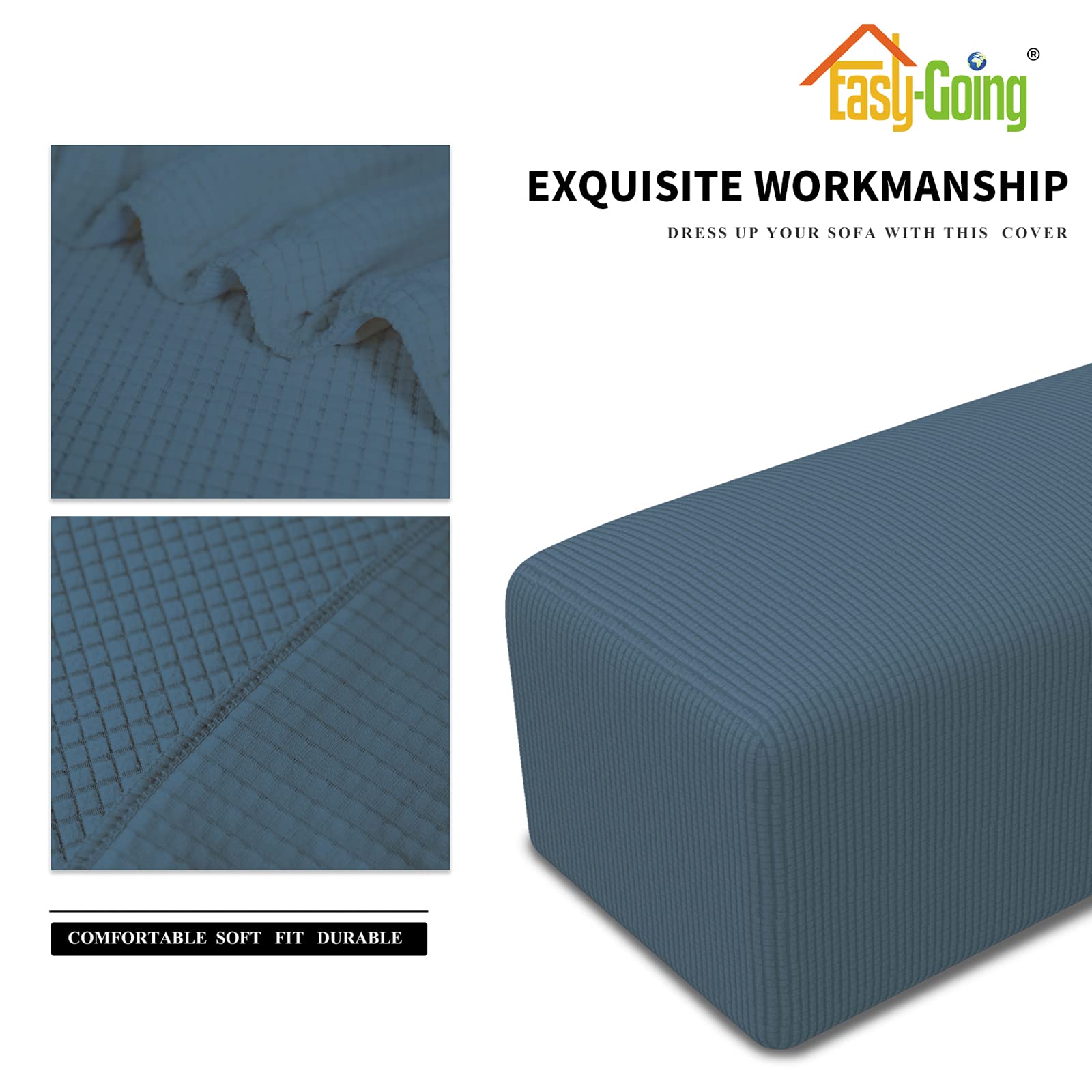 Easy-Going Stretch Ottoman Cover Folding Storage Stool Furniture Protector Soft Rectangle Slipcover With Elastic Bottom (Ottoman Large, Bluestone)