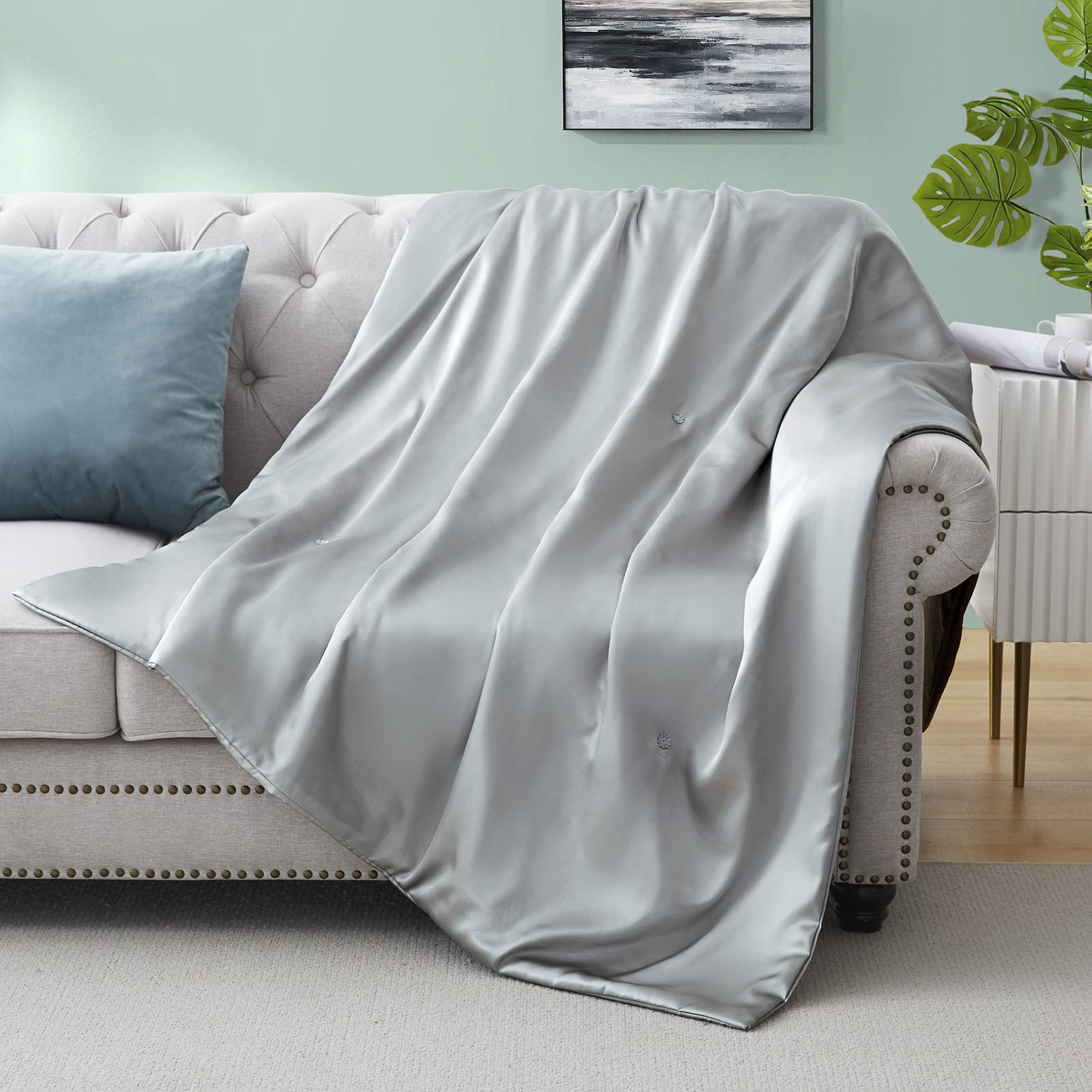 Silk Throw Blanket - Light Grey Cooling Packable Satin Blanket For Couch, Bed, Camping, Outdoor, Travel, Car - Super Soft Lightw