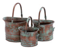 Benjara Tinged Metal Bucket Planter with Handles, Patina Rust Finish, Green, Set of 3