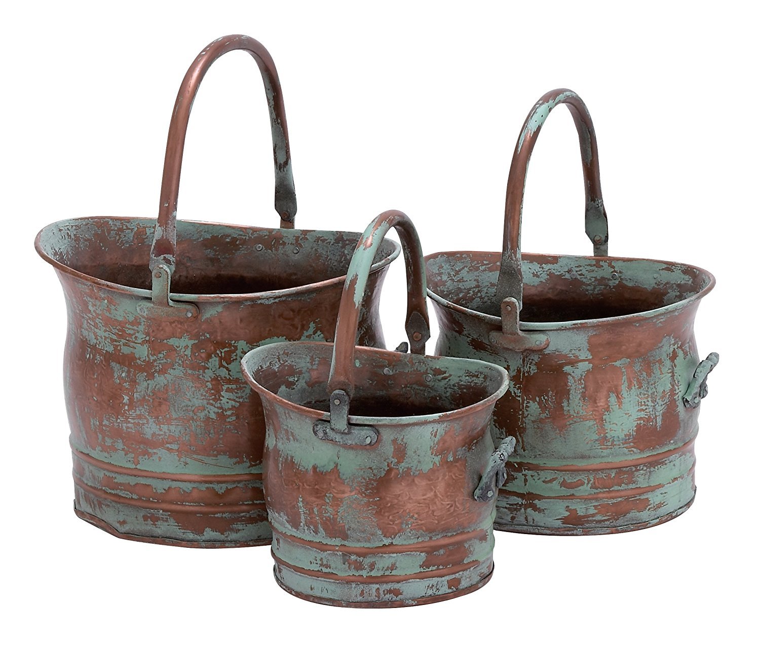 Benjara Tinged Metal Bucket Planter with Handles, Patina Rust Finish, Green, Set of 3