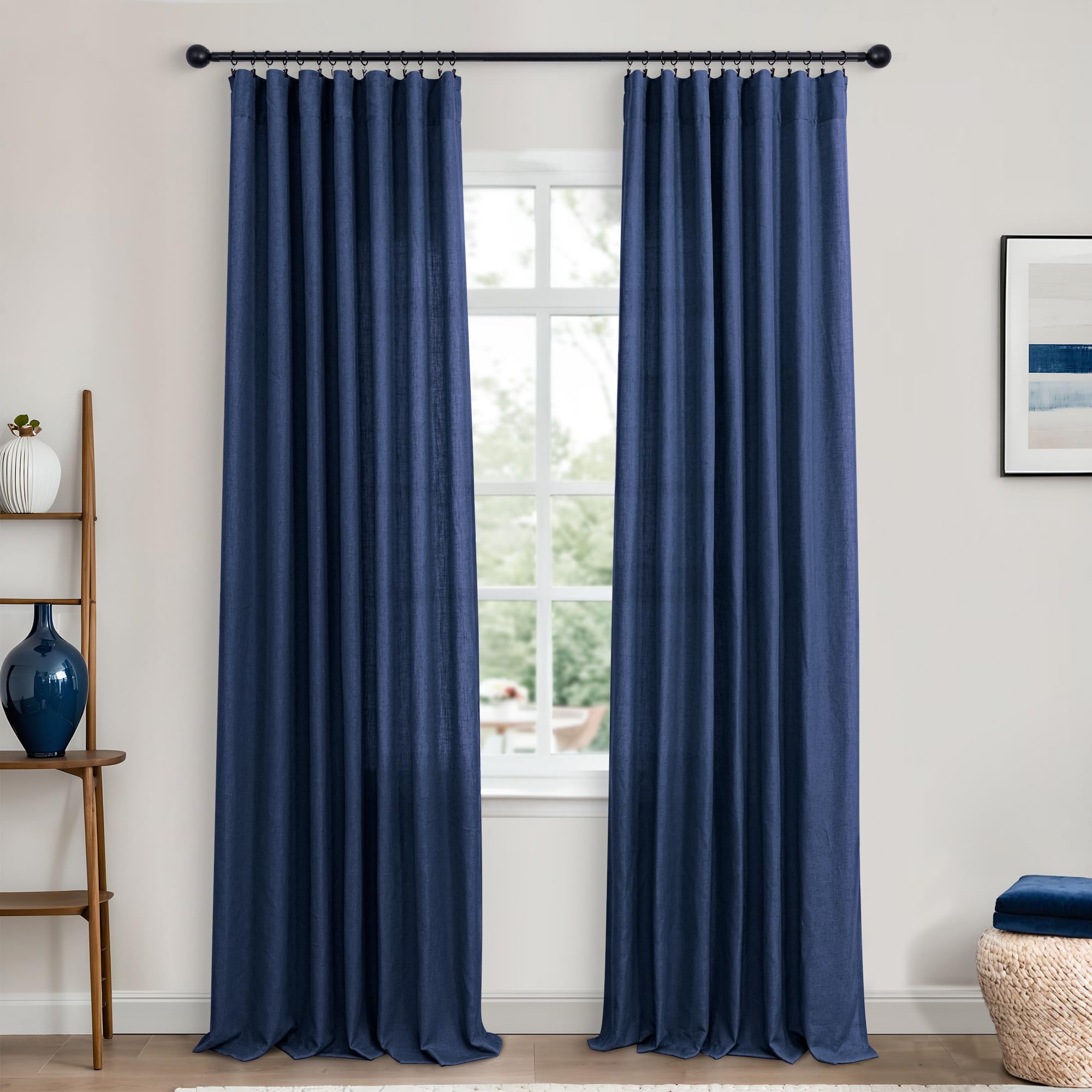 Koufall Blue Curtains 90 Inches Long For Living Room,Light Filtering Semi Sheer Linen Nautical Curtains For Bedroom 90 Inch Length 2 Panels Set,Dark Navy Blue