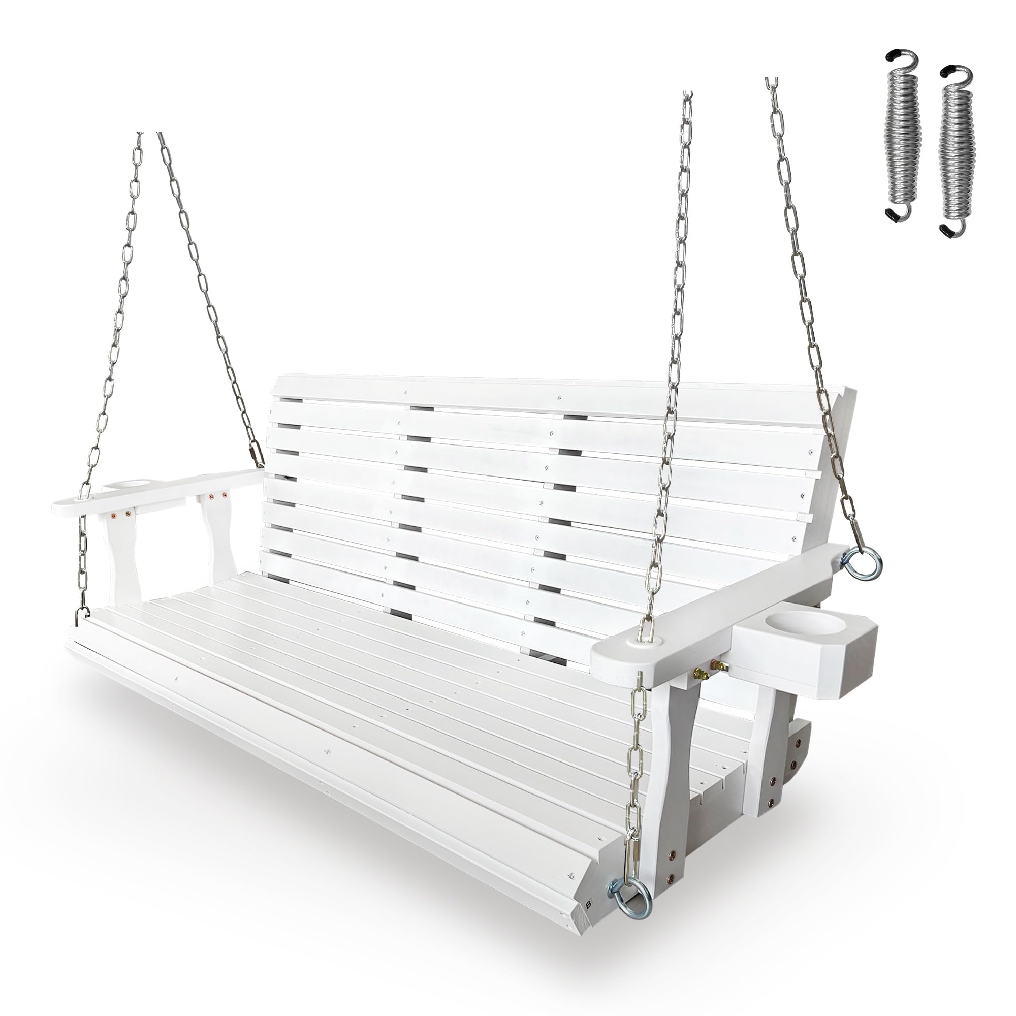 Wooden Porch Swing 3-Seater, High Backrest and Deep Seat, Bench Swing with Cupholders, Hanging Chains and 7mm Springs, Heavy Dut