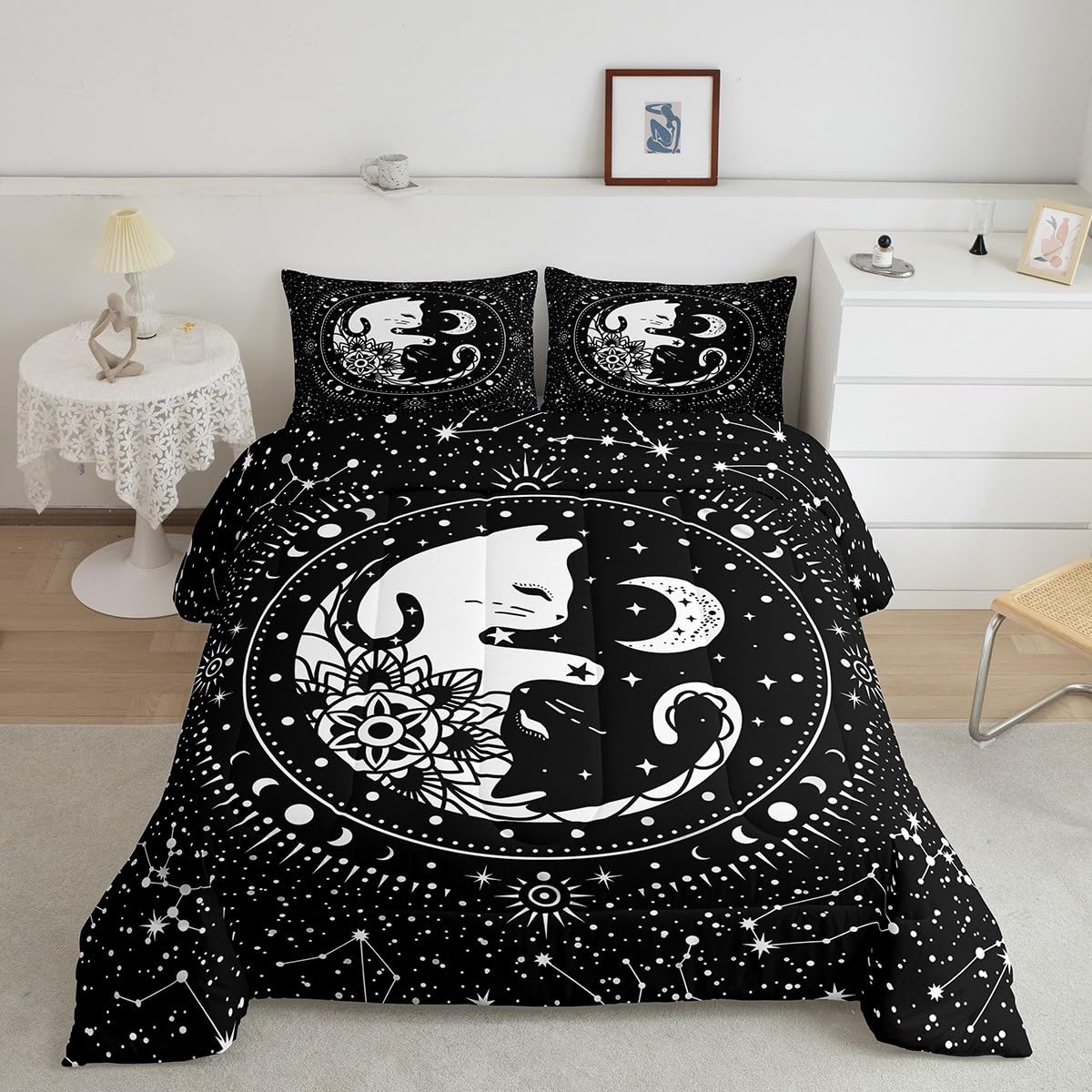 Cute Cats Comforter Set Full,Gothic Star Sky Moon Constellation Bedding Set 3Pcs For Kids Teens Boy Girls Room Decor,Animals Flo