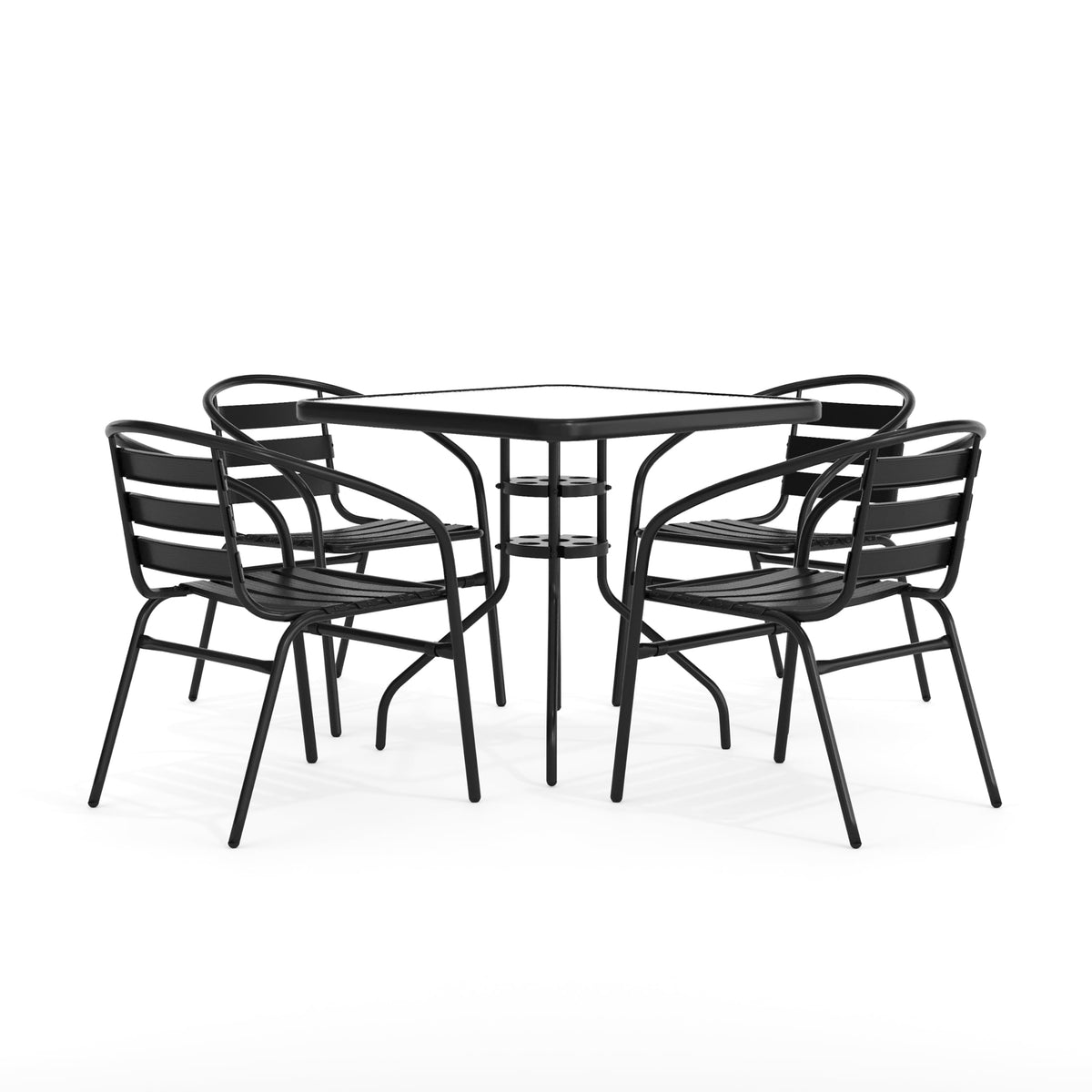 Flash Furniture 5-Piece Patio Dining Set with 31.5&quot; Square Glass Metal Table and 4 Stackable Slat Back Chairs, Indoor/Outdoor Bistro Set, Black