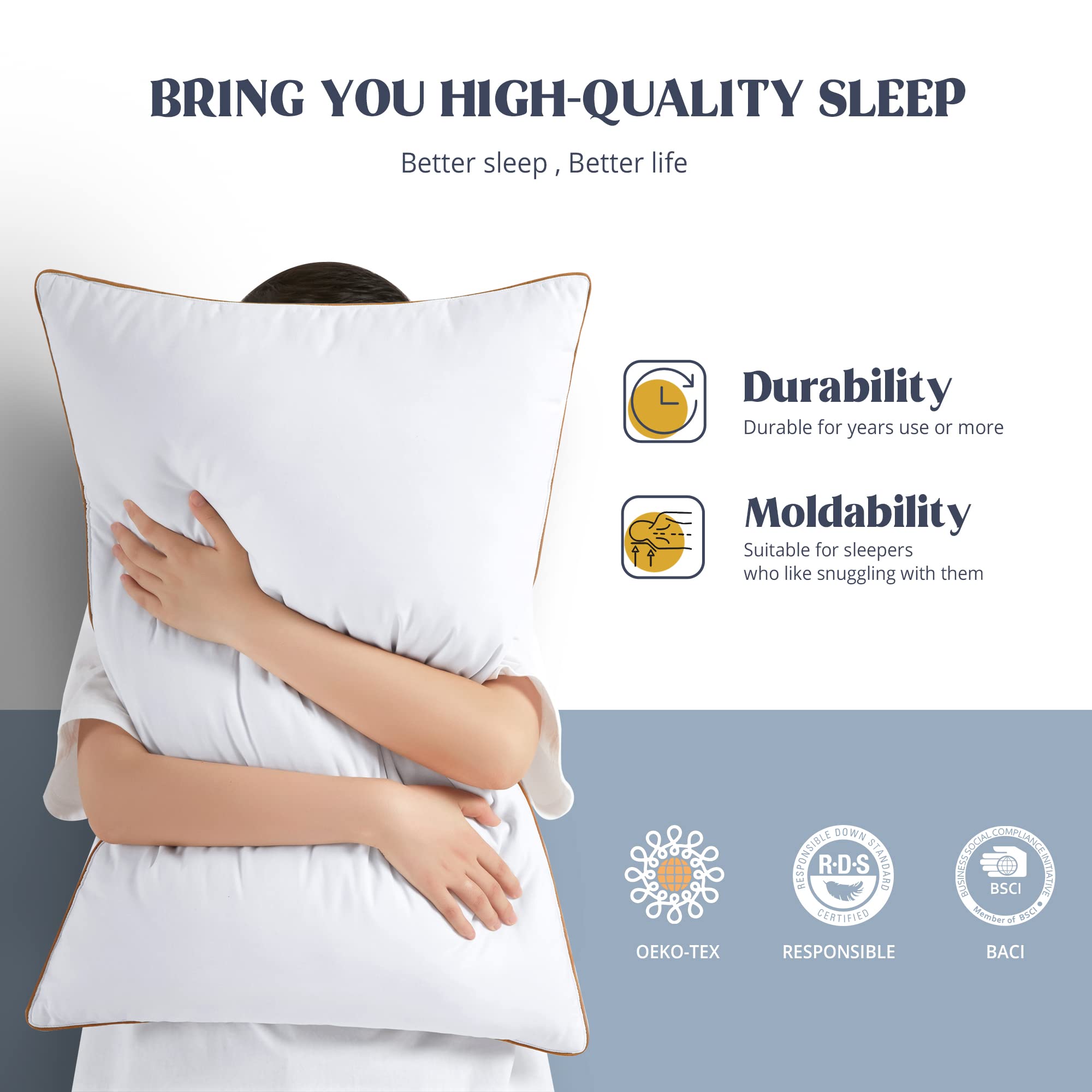 Puredown® Goose Feathers And Polyester Pillows, Premium Medium To Firm Bed Pillows For Sleeping, Luxury Pillows With Downproof Cover, 2 Pack, King Size, 20X36 Inches