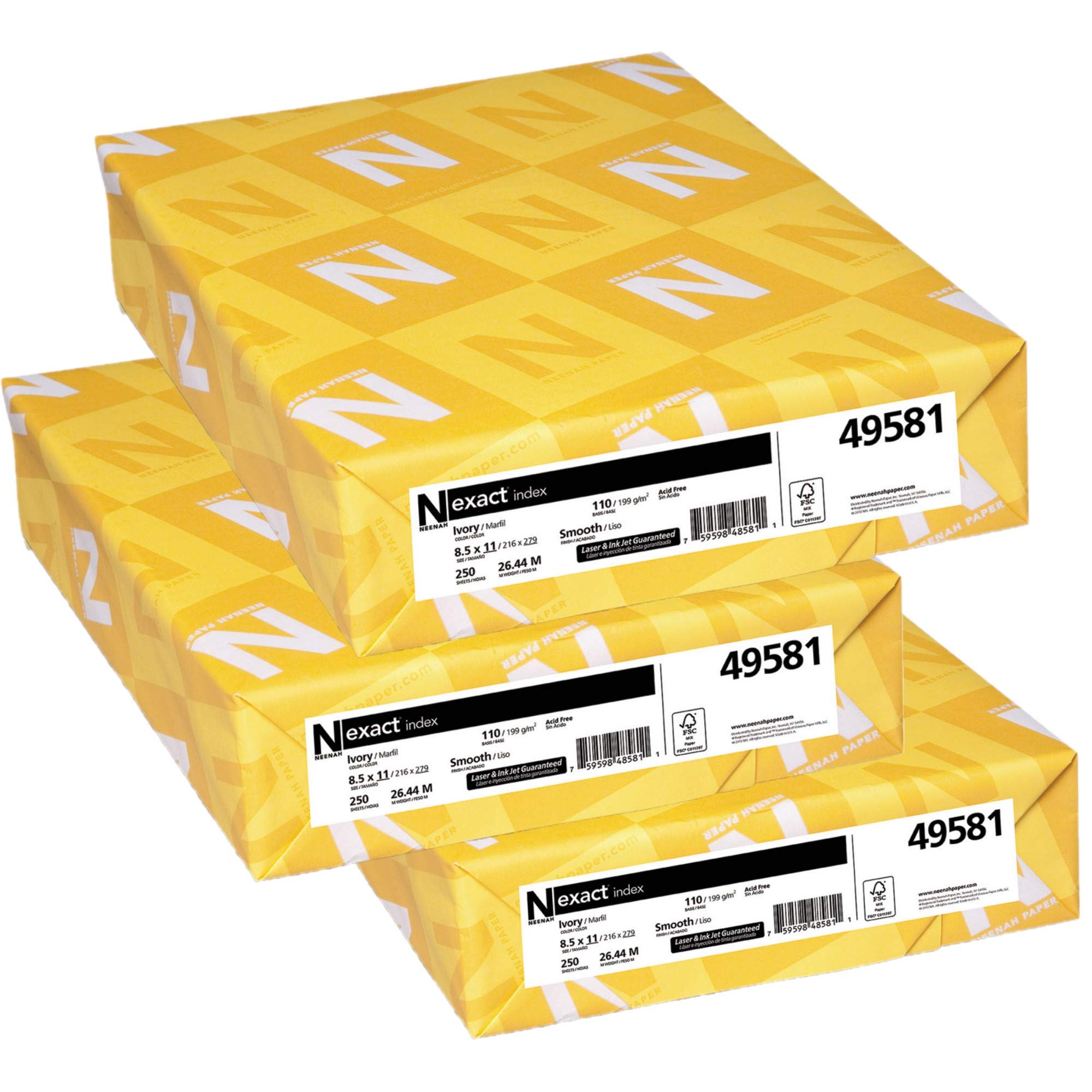 Wausau Exact 110, Index Cardstock, 250 Count, Ivory, 8.5 X 11 Inches (49581), Pack Of 3 Each