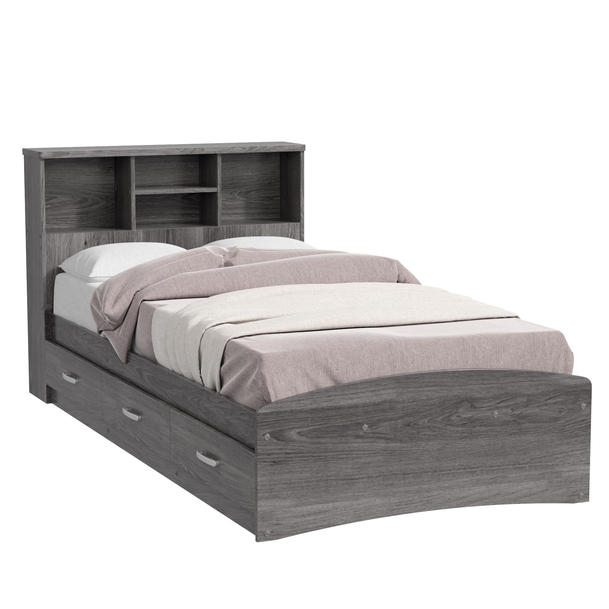 Bed with 3 Drawers and Bookcase Headboard (Grey, Twin)