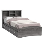 Bed with 3 Drawers and Bookcase Headboard (Grey, Twin)