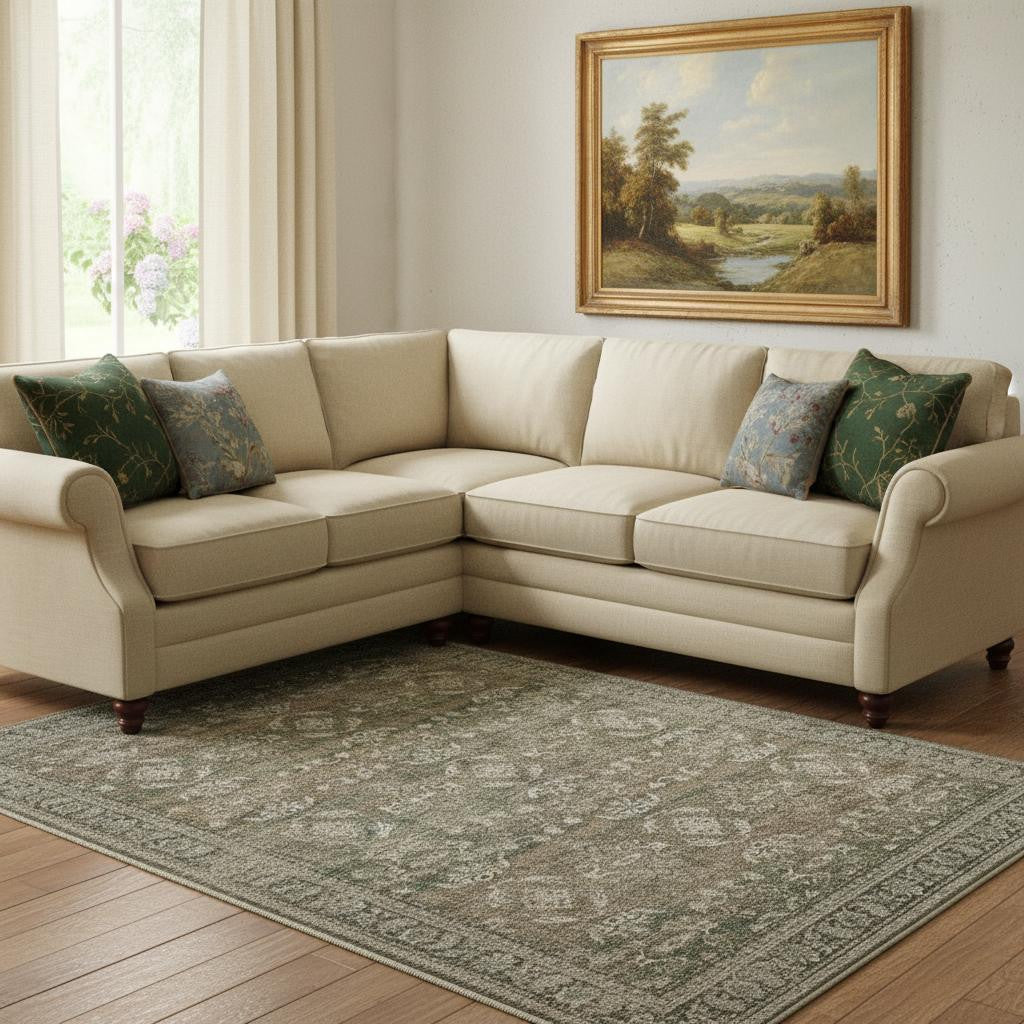 8 X 10 Brown Ivory And Green Floral Medallion Washable Area Rug