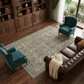 9 X 12 Brown Ivory And Green Floral Medallion Distressed Washable Area Rug