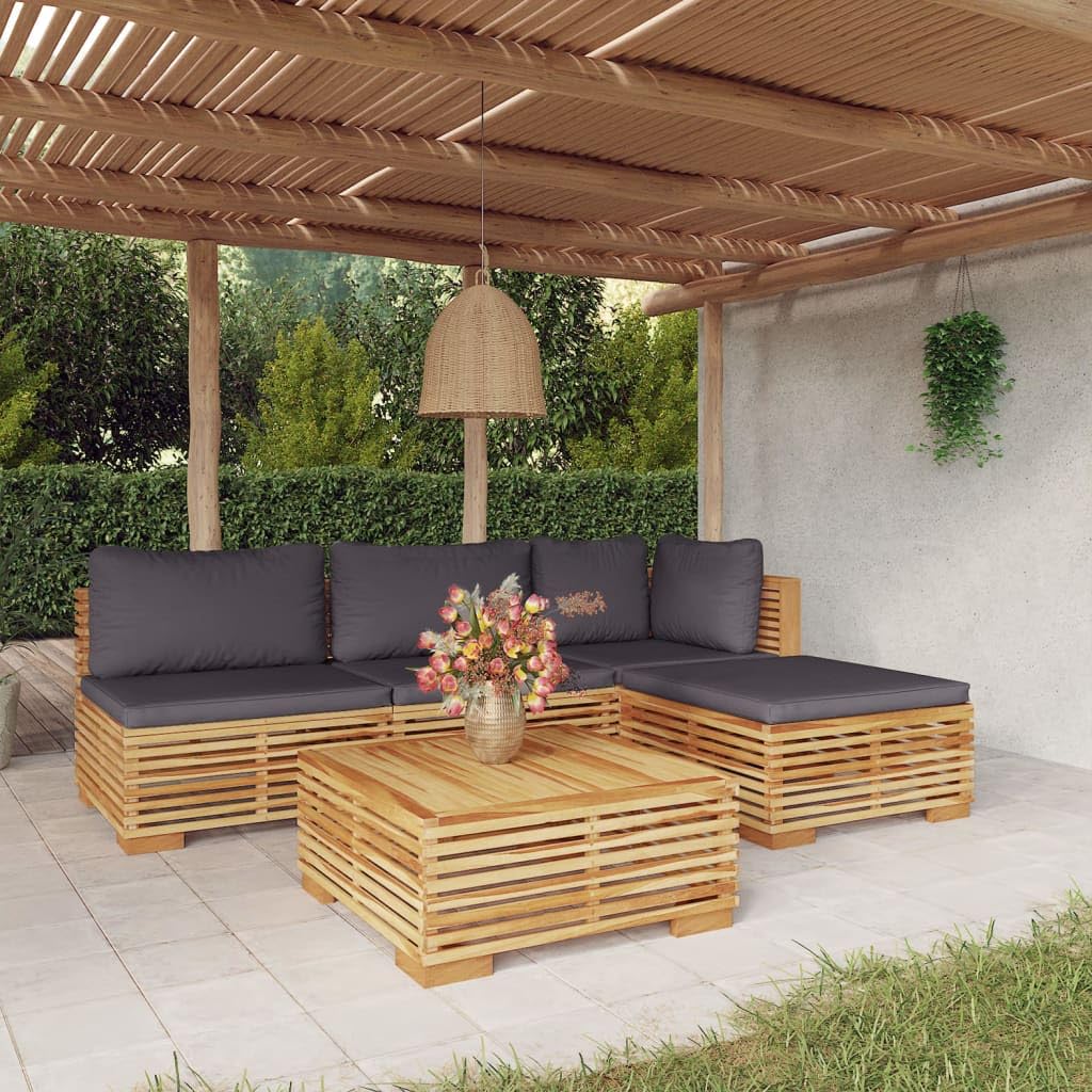 vidaXL 5 Piece Outdoor Patio Lounge Set with Cushions - Solid Teak Wood, Includes Middle Sofa, Corner Sofa, Footrest, Table, with Dark Grey Cushions