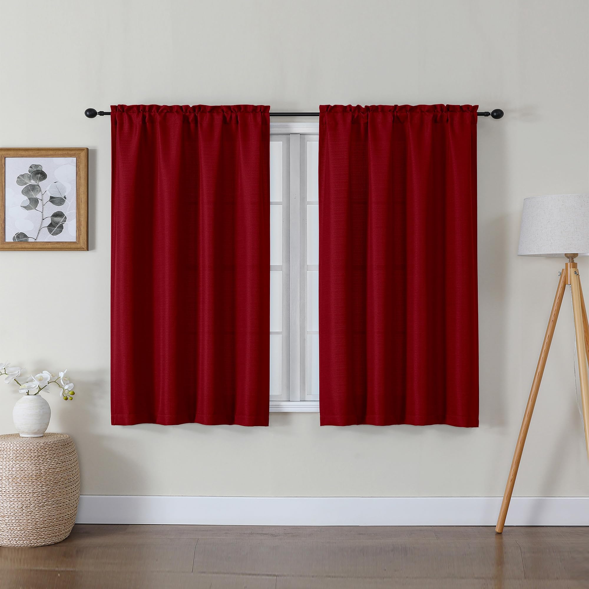 Lecloud Bessie Red Curtains 45 Inch Length 2 Panels Set, Airy Faux Linen Textured Light-Filtering Christmas Soft Curtains, Rod P