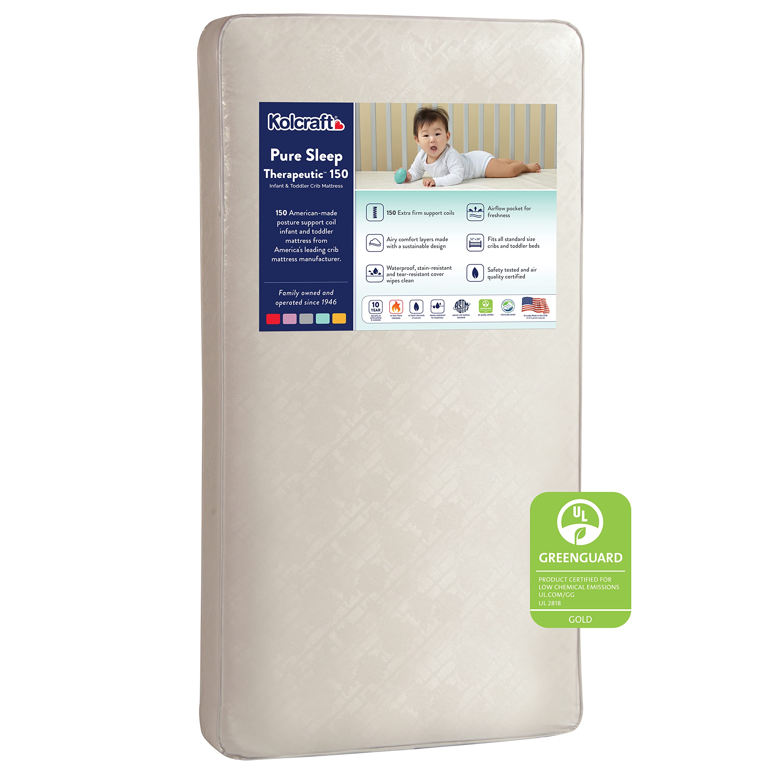 Kolcraft Pure Sleep Therapeutic 150 Certified Waterproof Baby Crib Mattress & Toddler Bed Mattress, Extra Firm Coils Hypoallerge