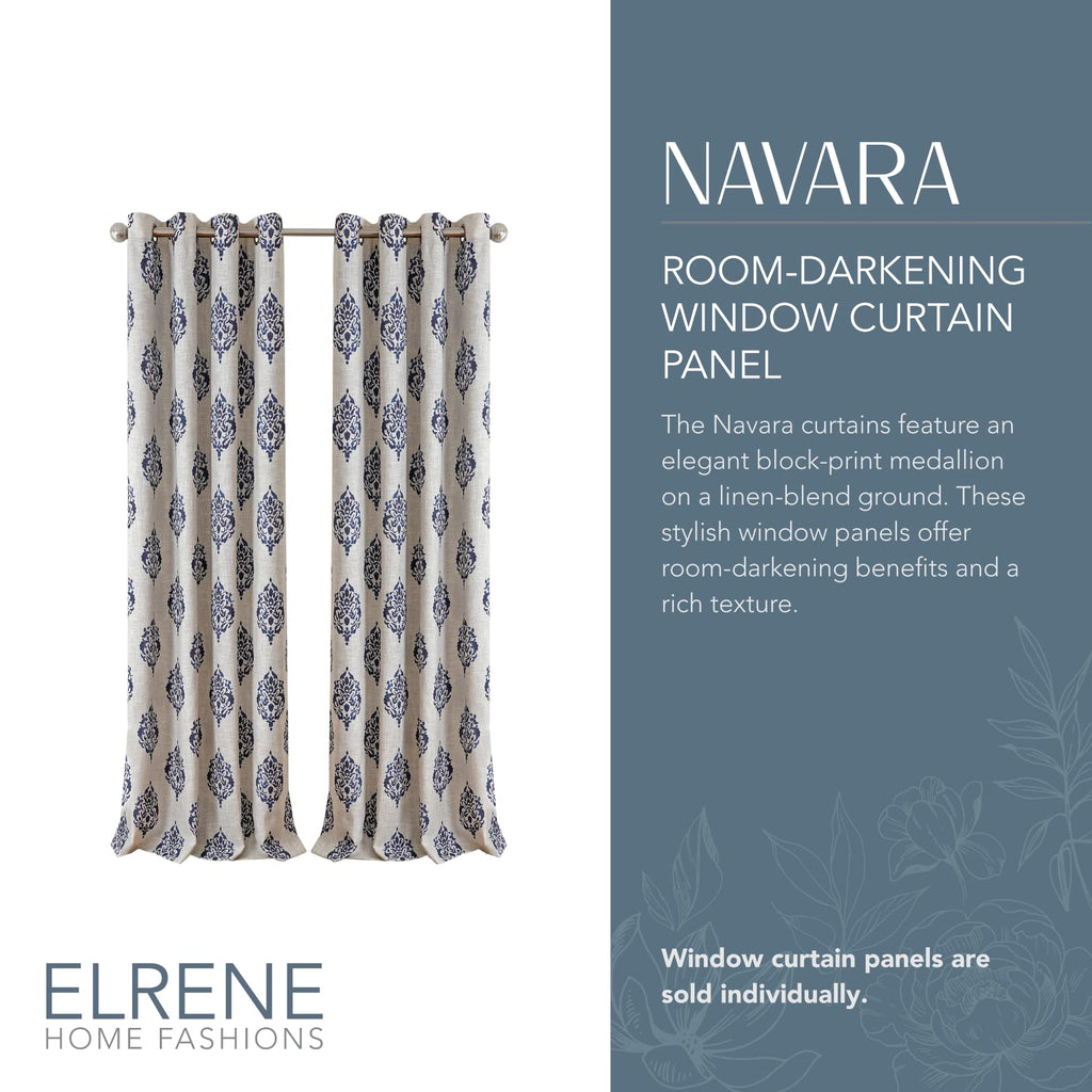 Elrene Home Fashions Navara Medallion Room-Darkening Window Curtain, Single Panel, 52'' X 95'' (1 Panel), Navy