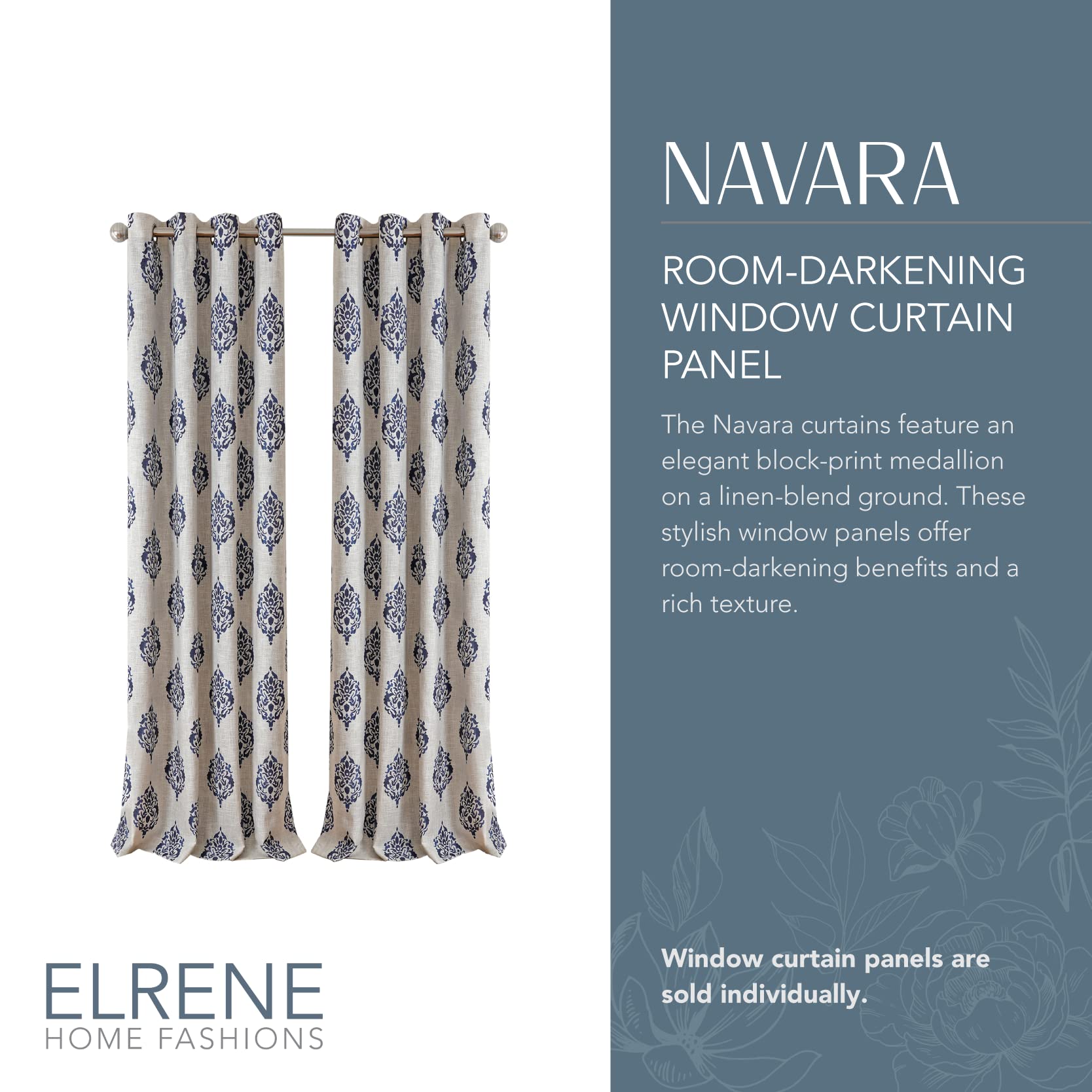 Elrene Home Fashions Navara Medallion Room-Darkening Window Curtain, Single Panel, 52'' X 95'' (1 Panel), Navy