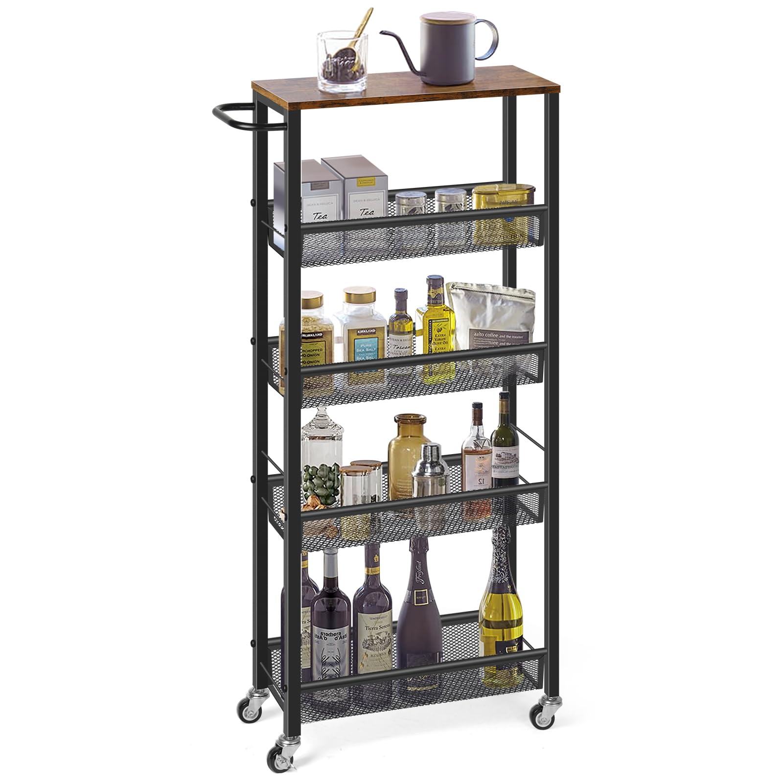 Mooace Slim Storage Cart, 5 Tier Kitchen Rolling Carts With Wheels, Metal Narrow Cart Utility Cart Mobile Shelving Unit For Bath