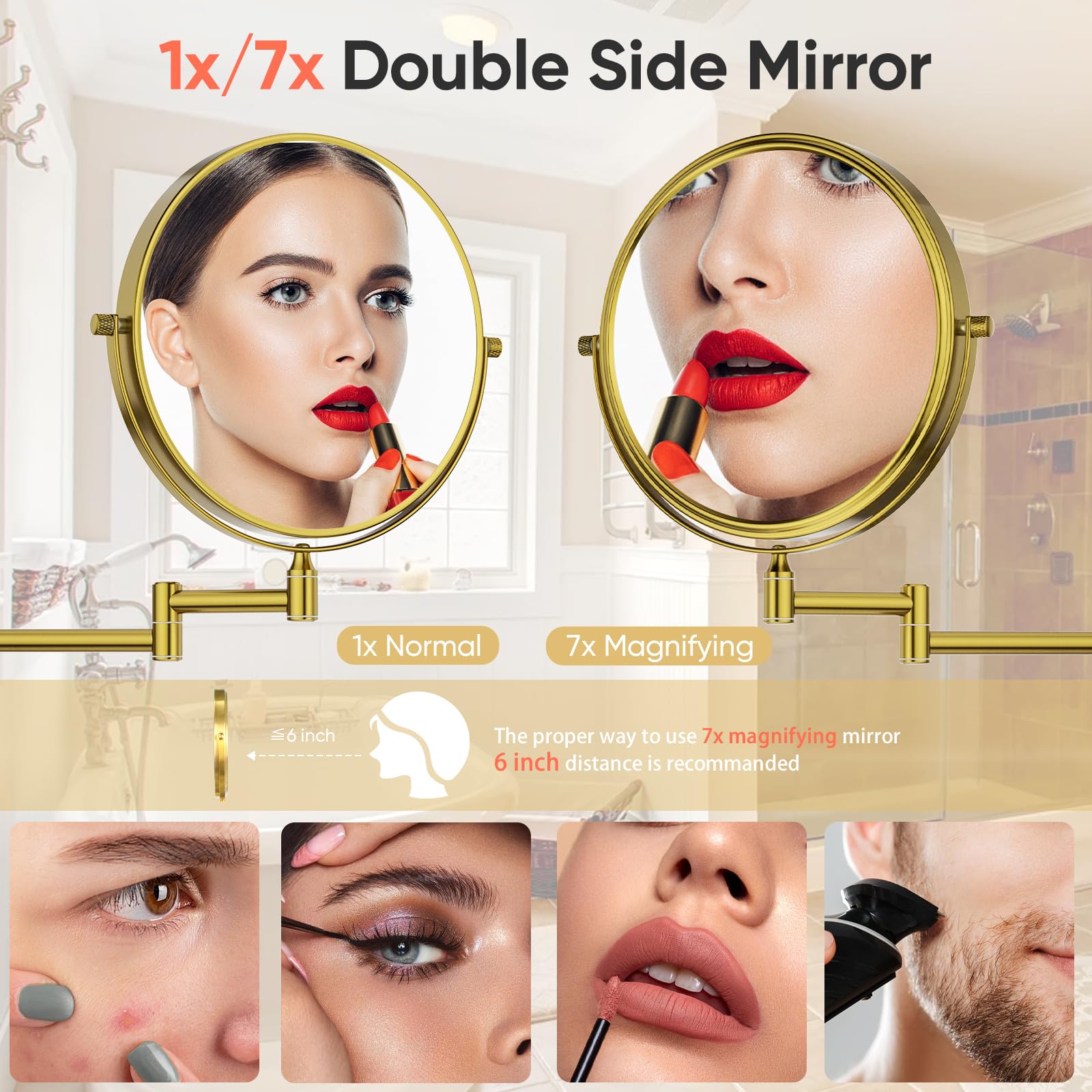 Gurun 8' Wall Mounted Makeup Mirror With 7X Magnification,Two-Sided Swivel Bathroom Mirror,Brushed Gold Finish M1406Gj(8',7X)