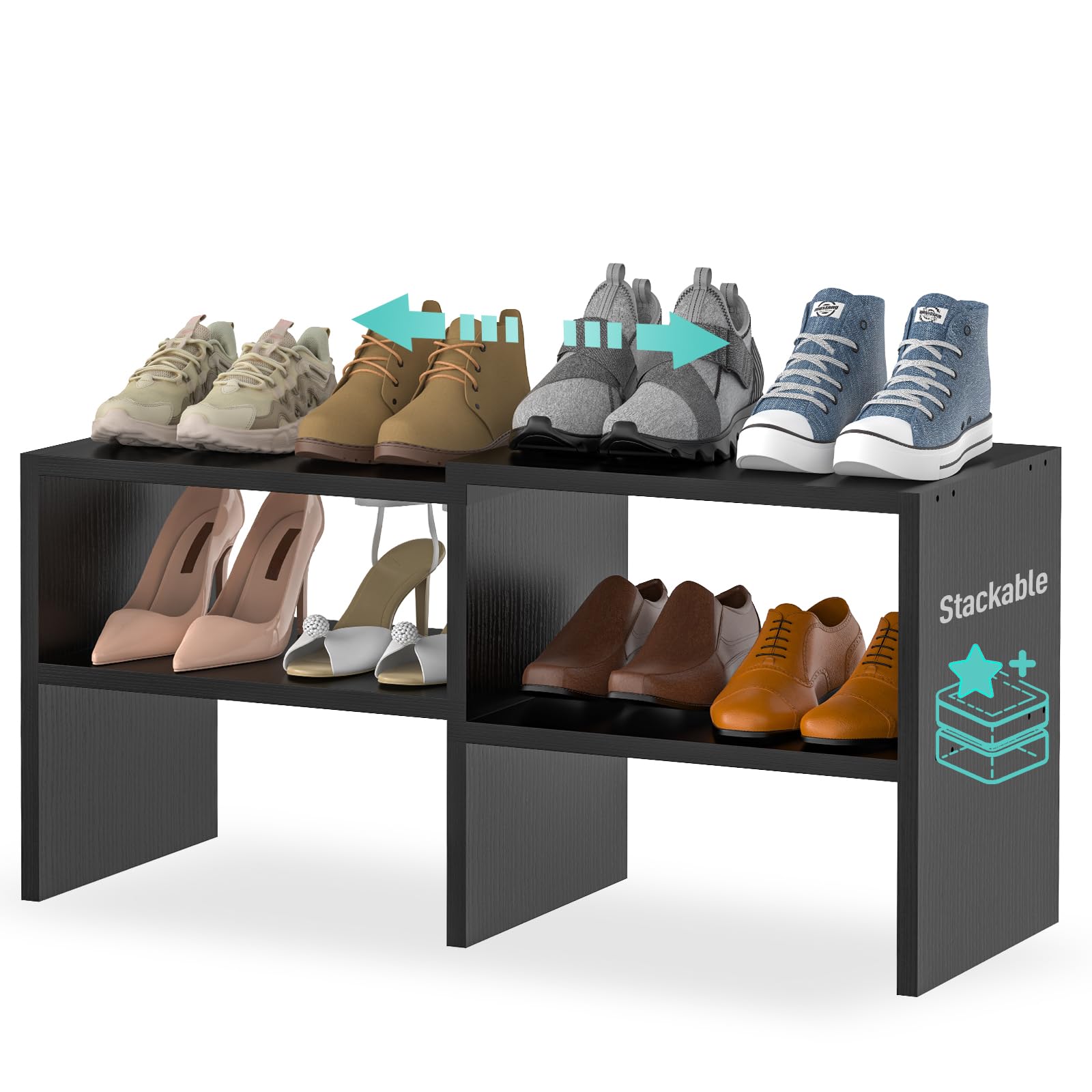 Black Shoe Shelves For Closet Floor Organizer Shelf Small Shoes Storage Stackable Wood Rack Low Wooden 24-30 Inch