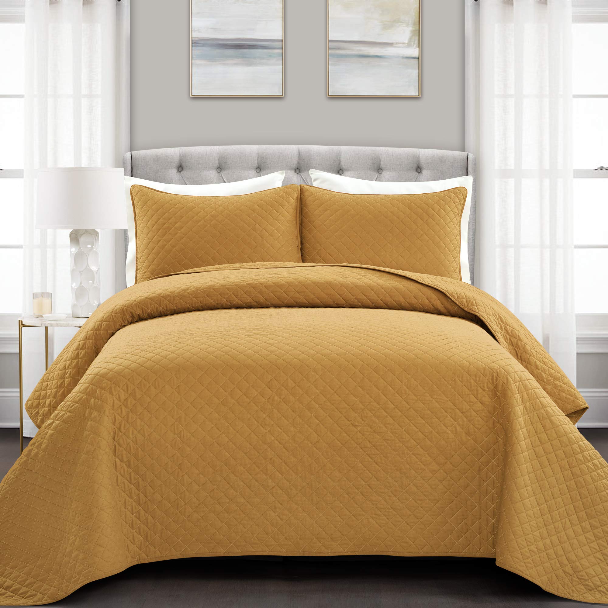 Lush Decor Ava Quilt Diamond Pattern Solid 3 Piece Oversized Bedding Blanket Bedspread Set - Full/Queen - Mustard