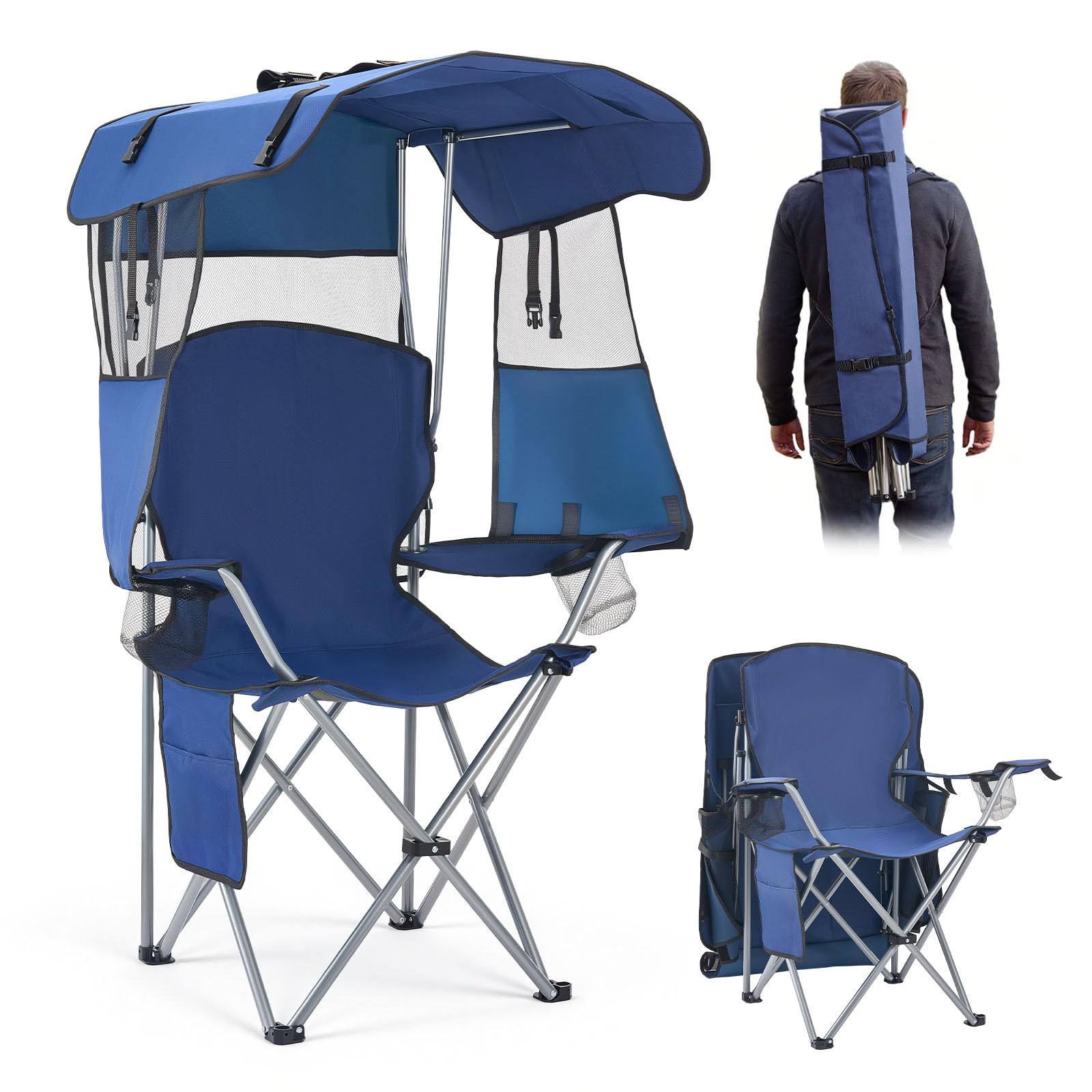 VEVOR Camping Chair with Canopy Shade, Folding Beach Chair with Canopy & Magazine Pocket, 2 Cup Holders, 330 lbs Heavy Duty Supp