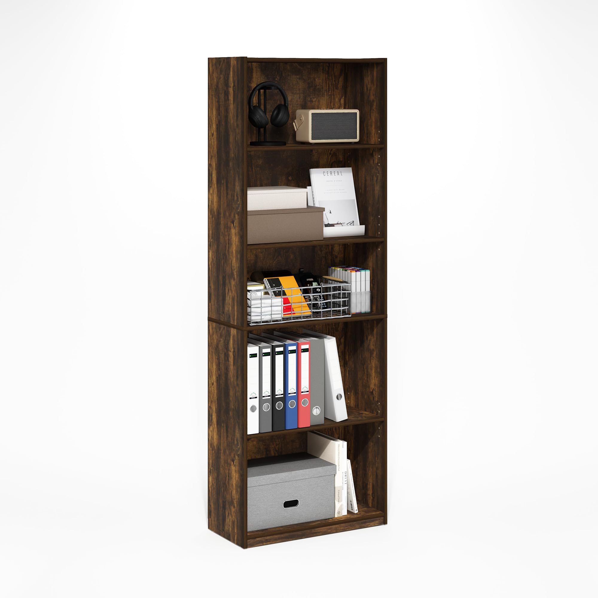 Furinno Gehry 5-Tier Bookcase, Bookshelf with Adjustable Shelves, Amber Pine