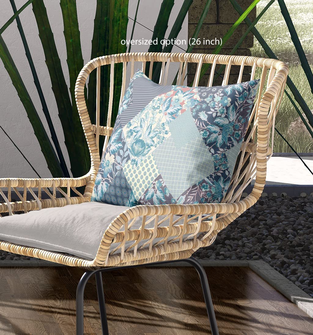 HomeRoots Broadcloth Aqua Navy Boho Floral Indoor Outdoor Throw Pillow