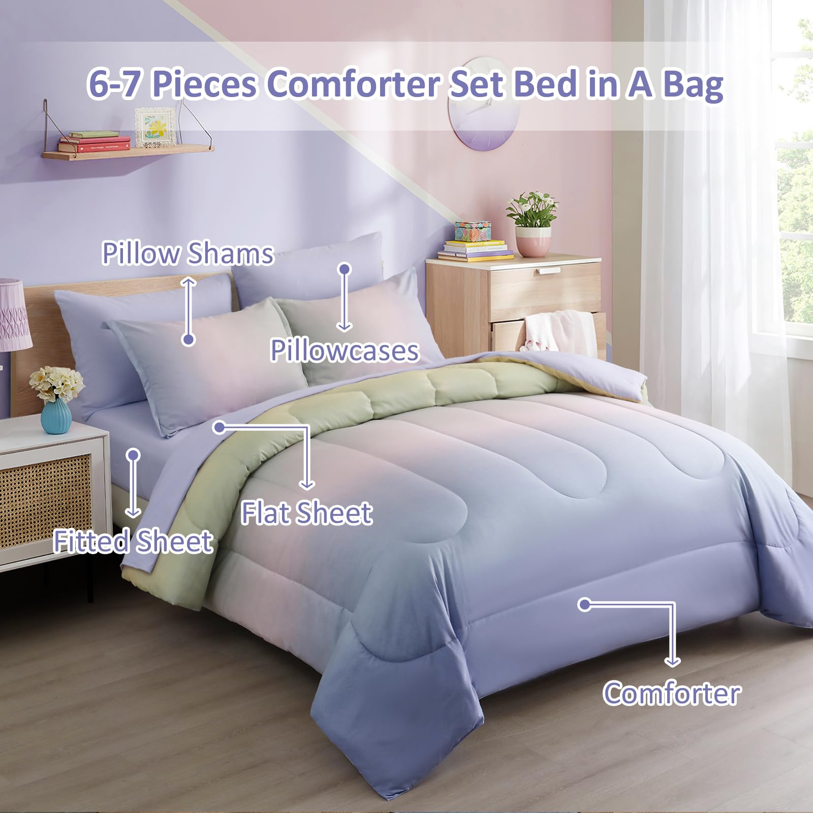 Dinjoy Girls Comforter Set Full Size Colorful Rainbow Ombre Pink Purple Green Bedding Set Gradient 7 Pieces Bed In A Bag For Kid