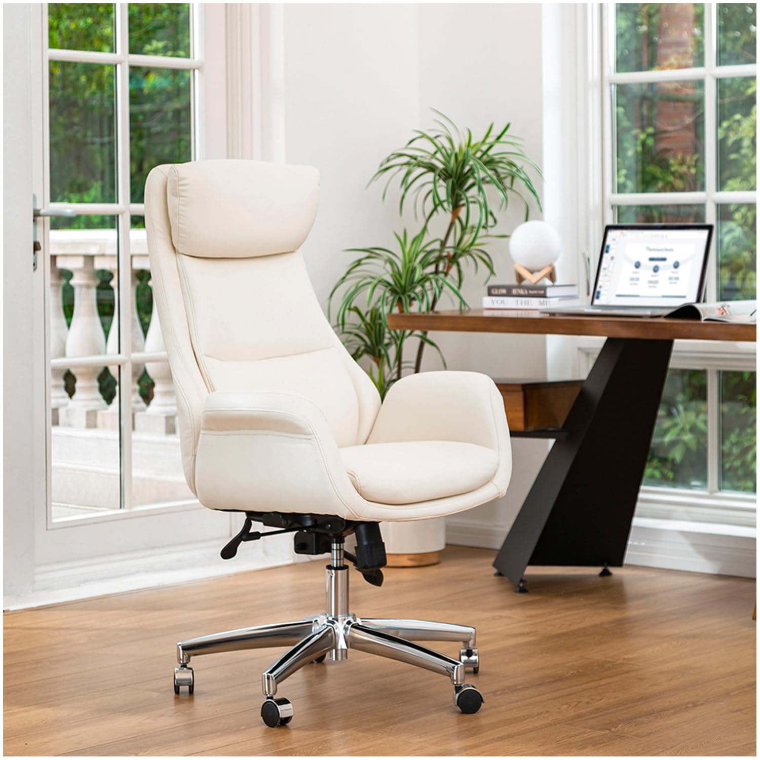 Glitzhome Home High-Back Office Chair Leather Adjustable Swivel Desk Chair With Arms, Cream