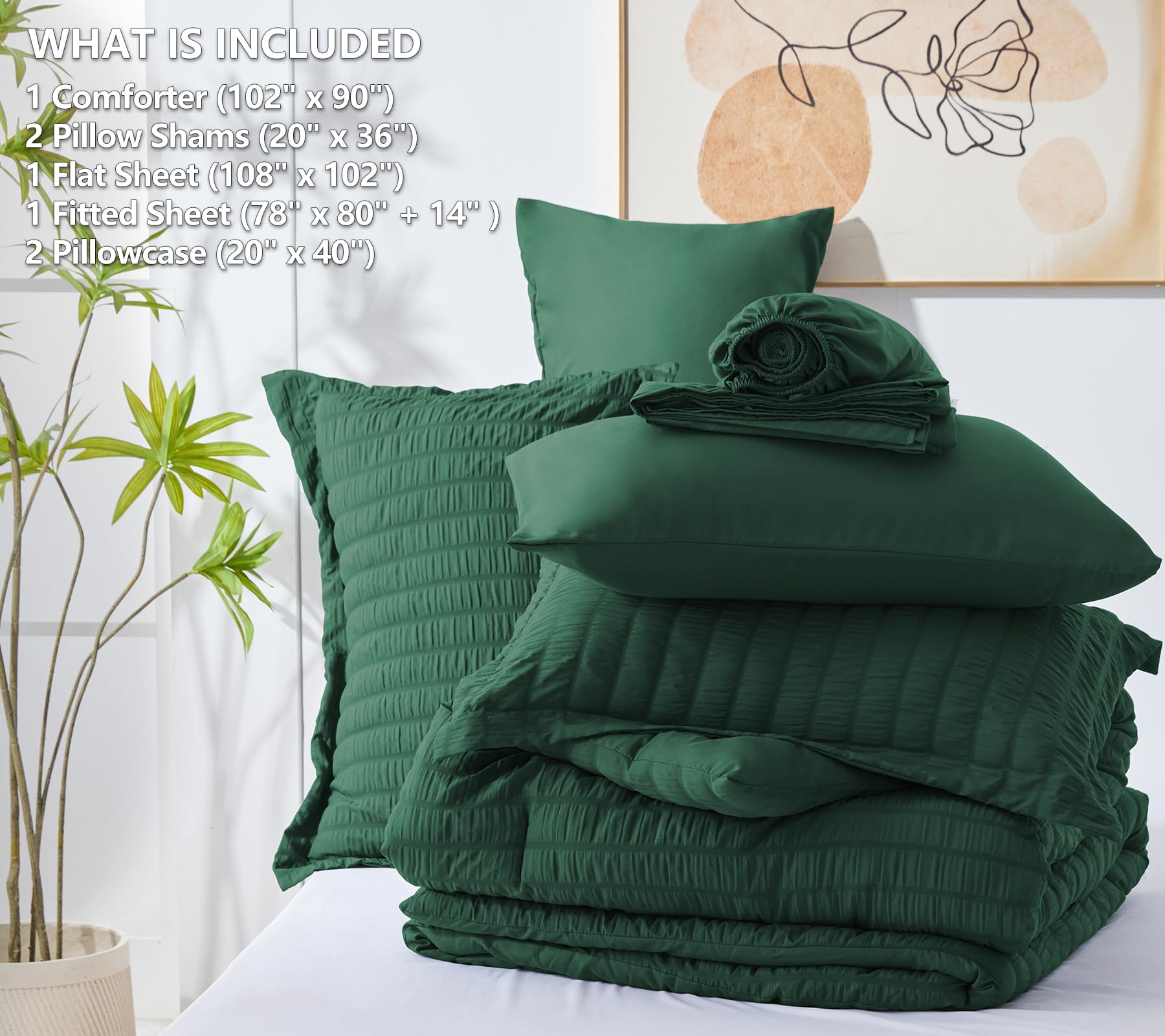 Cozylux King Seersucker Comforter Set With Emerald Green Bed In A Bag 7-Piece All Season Bedding Set With Comforter, Pillow Sham, Flat Sheet, Fitted Sheet, Pillowcase